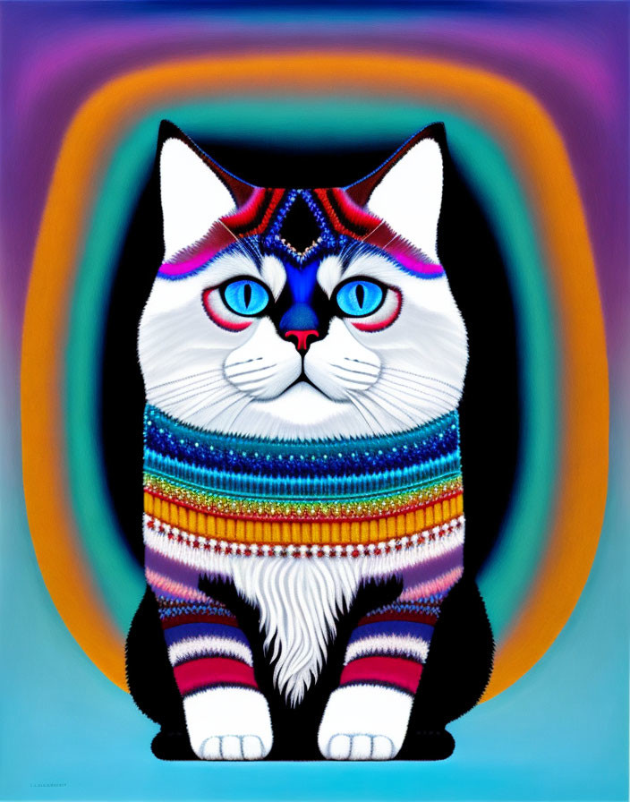 Colorful Cat Illustration with Tribal Headdress and Psychedelic Background