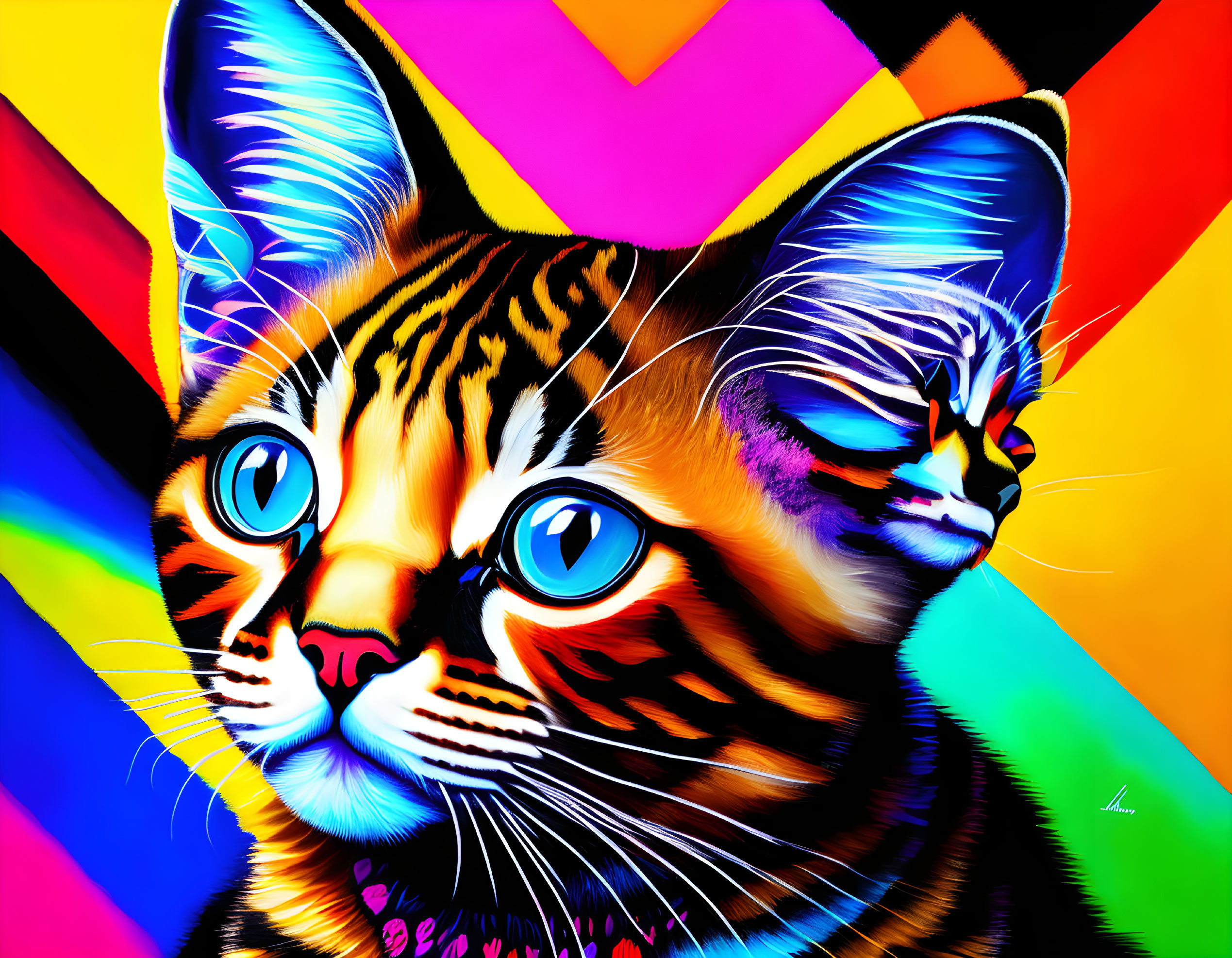 Colorful digital art featuring cat with striking blue eyes