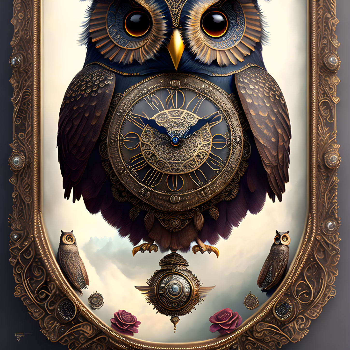 Steampunk owl with clock face and golden gears on neutral background