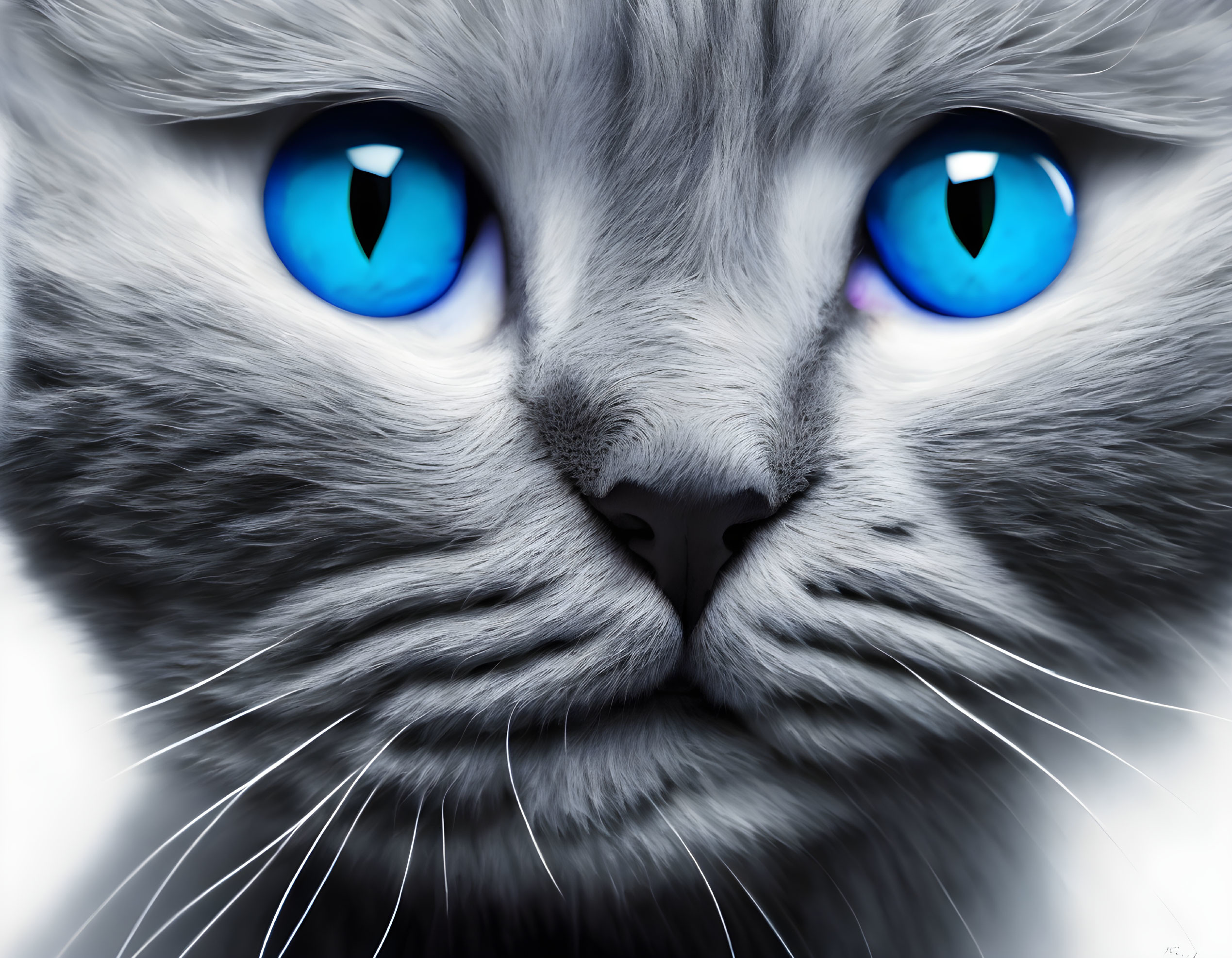 Grey Cat with Blue Eyes and Whiskers in Close-up Shot