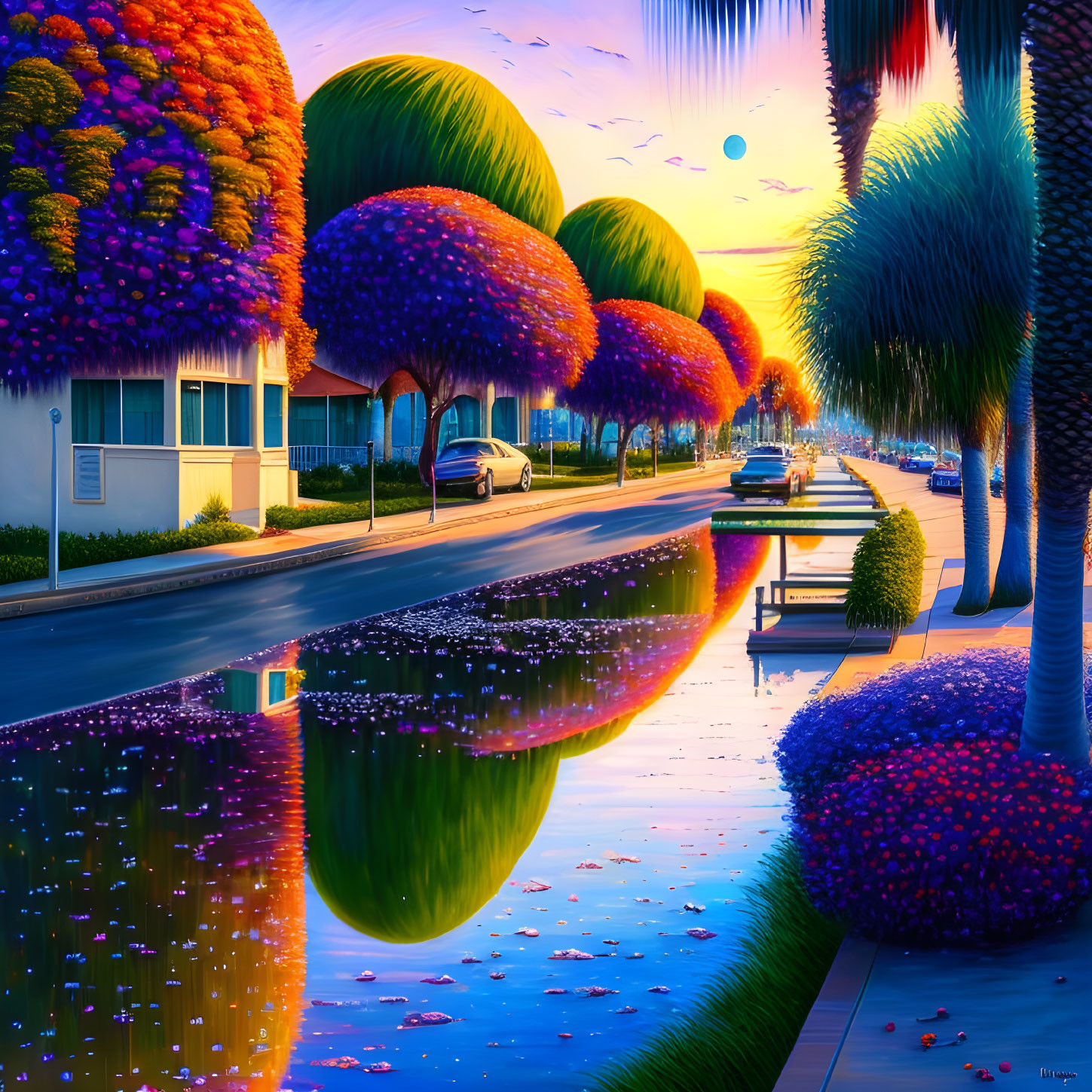 Colorful sunset street scene with blooming trees and parked cars by water.