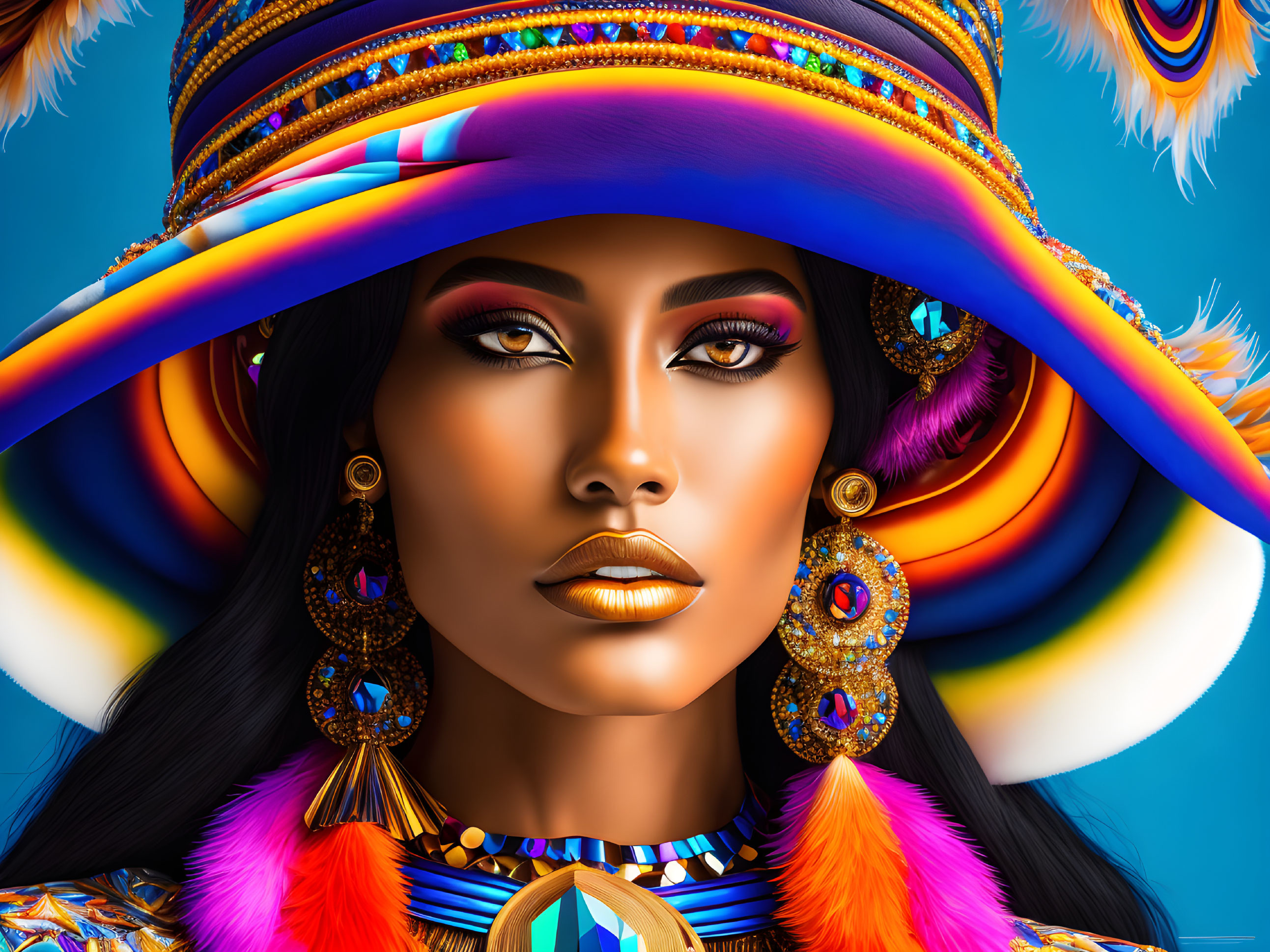 Colorful digital artwork of woman in ornate clothing on blue background