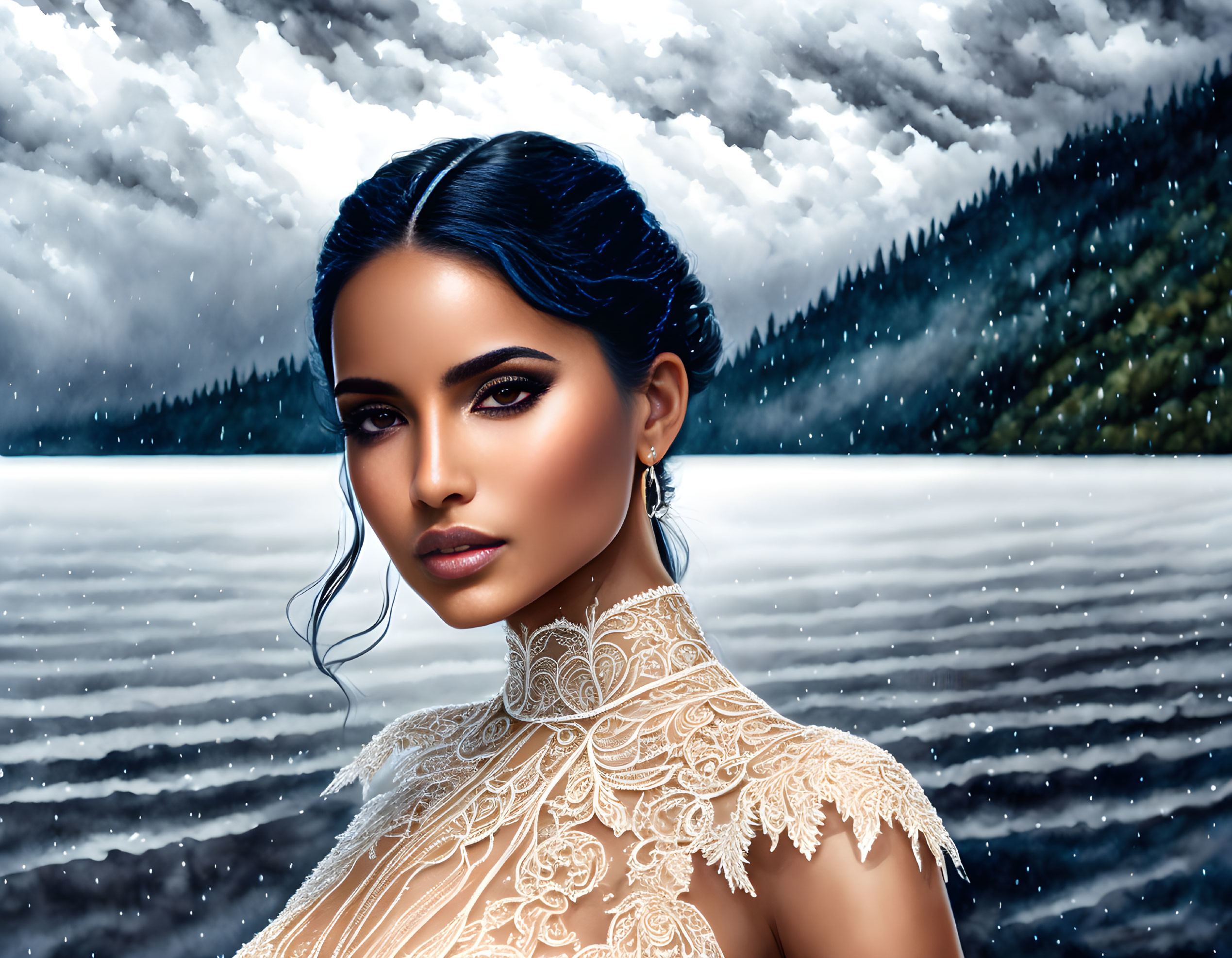 Detailed digital portrait of woman with elegant makeup and lace dress against stormy sky and serene lake