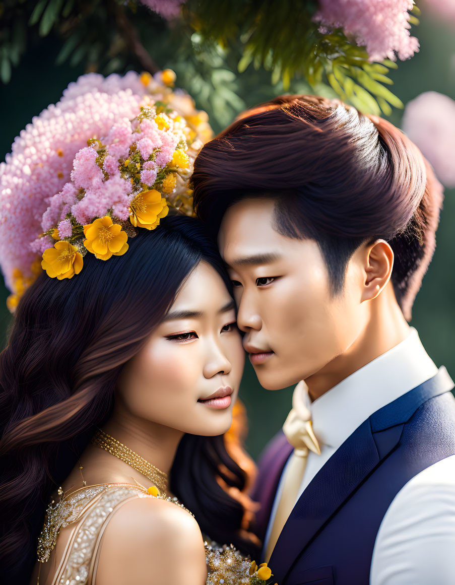 Elegant couple in formal attire with floral headdress in close-up portrait