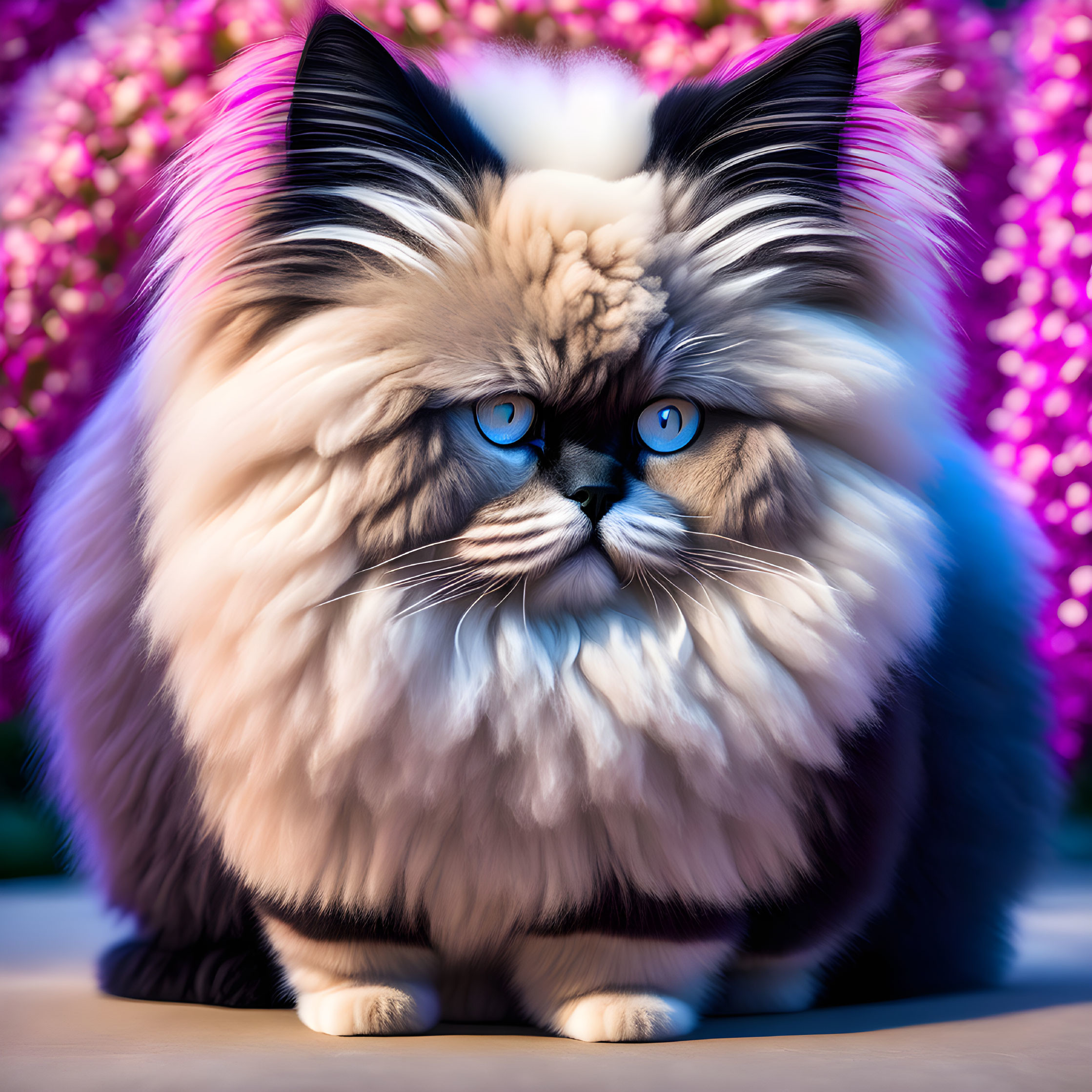 Fluffy cat with blue eyes in front of lavender flowers