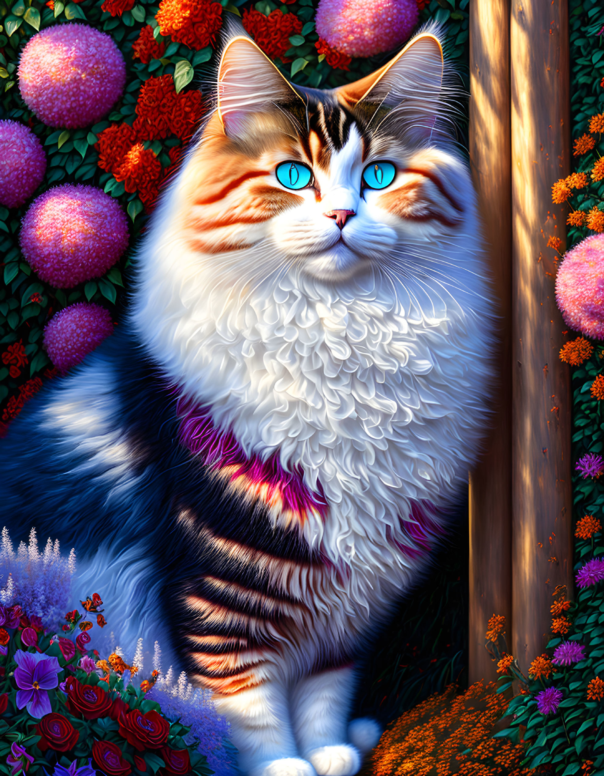 Fluffy cat with blue eyes in floral setting under sunlight