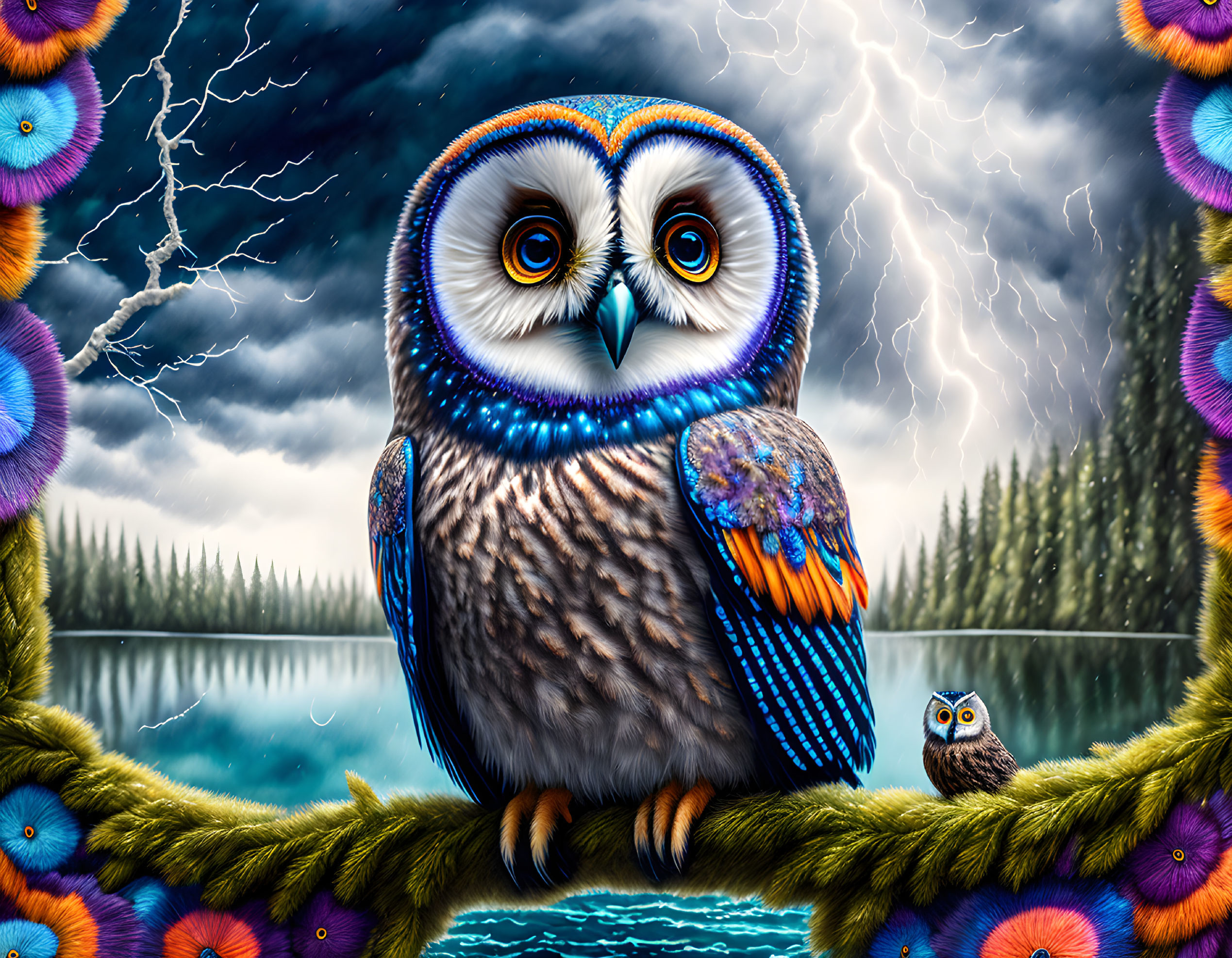 Colorful Digital Artwork of Large Owl, Lightning, and Surreal Nature Scene