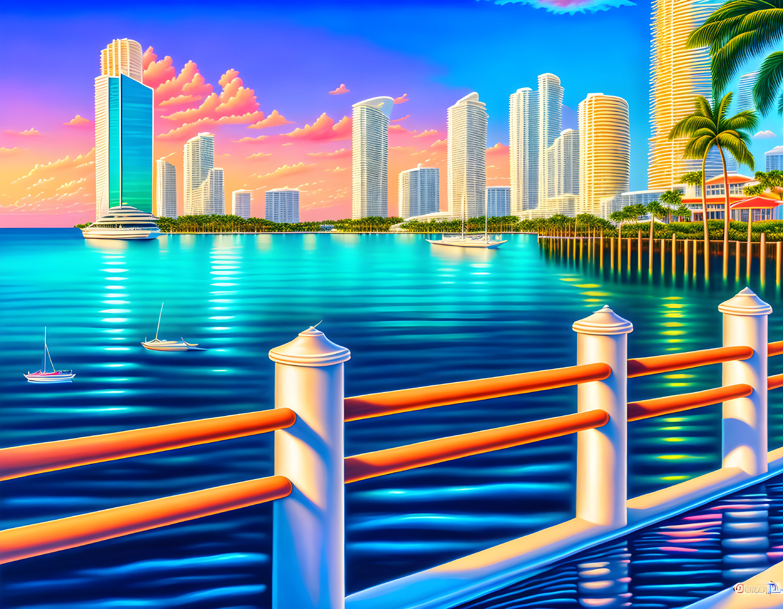 Colorful coastal cityscape digital artwork with skyscrapers, palm trees, boats, and railing.