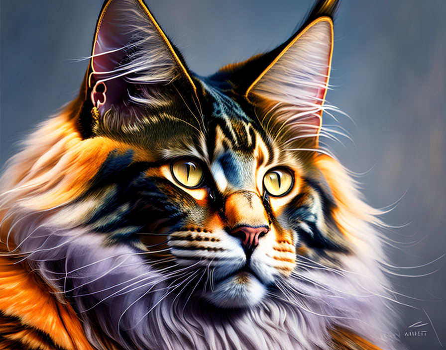 Majestic long-haired cat with yellow eyes in vibrant digital art