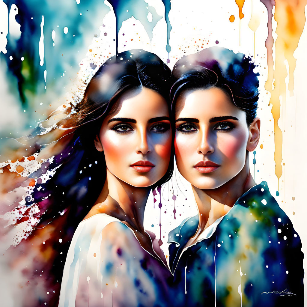 Abstract Watercolor-Style Portrait of Two Women in Colorful Streaks