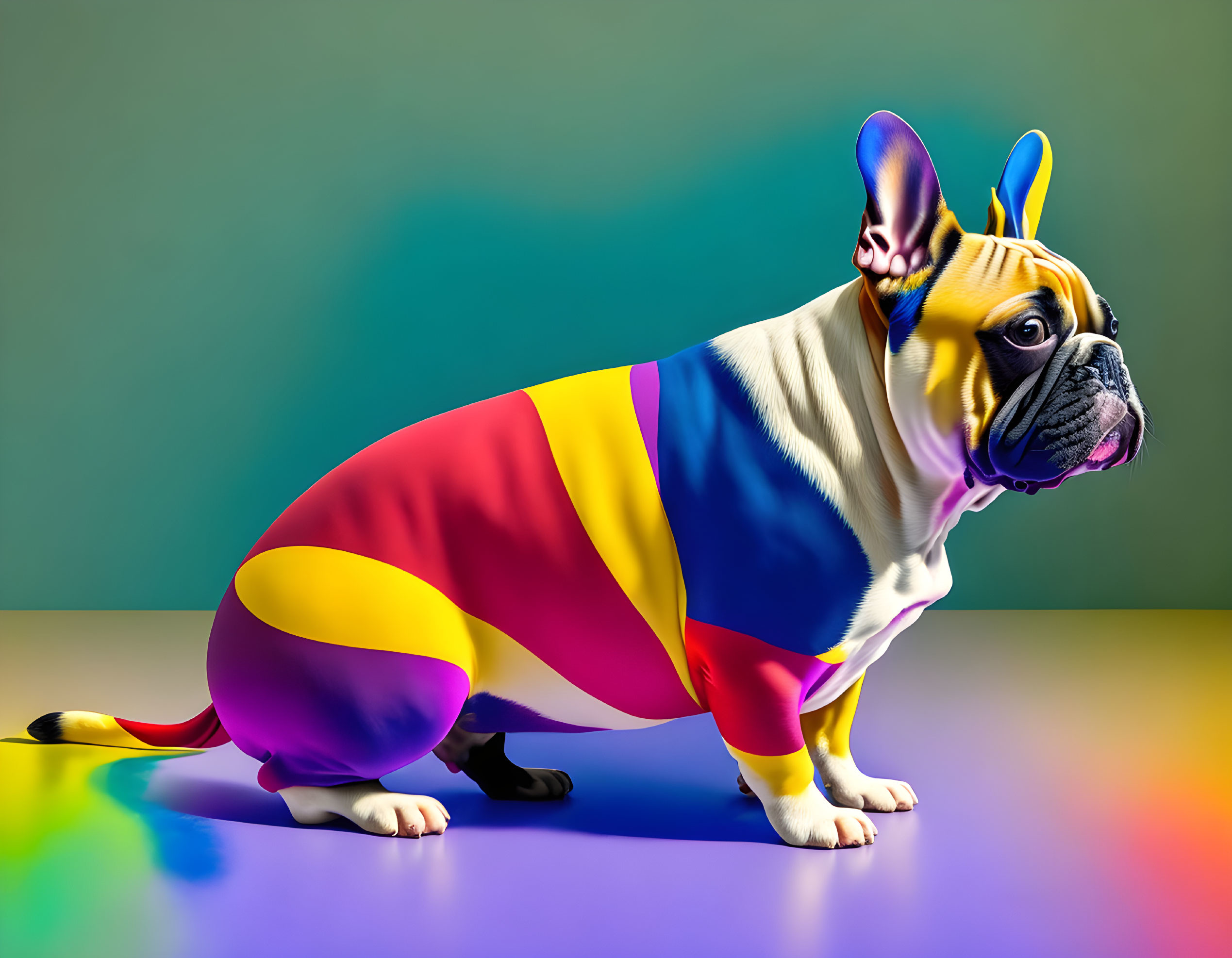 Vibrant French Bulldog Digital Art with Multicolored Body Pattern