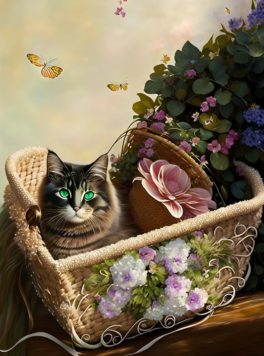 Fluffy Cat with Green Eyes in Flower-Adorned Wicker Basket