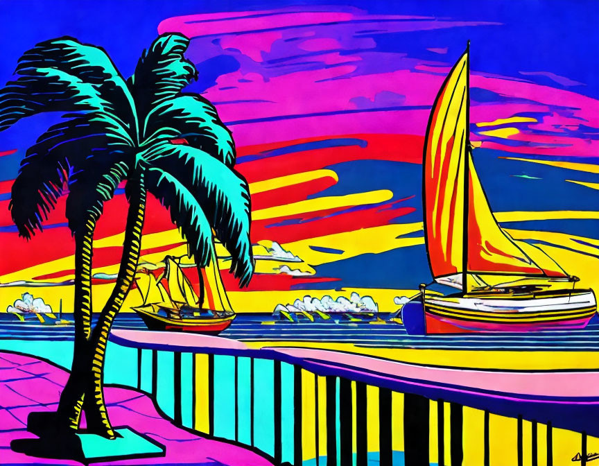Colorful Pop Art Style Image: Palm Tree, Sailboat, Sunset Sky