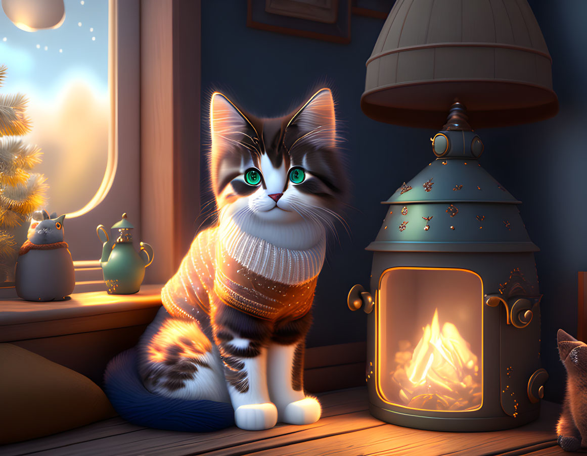 Cozy digital artwork of fluffy cat by fireplace with snow outside