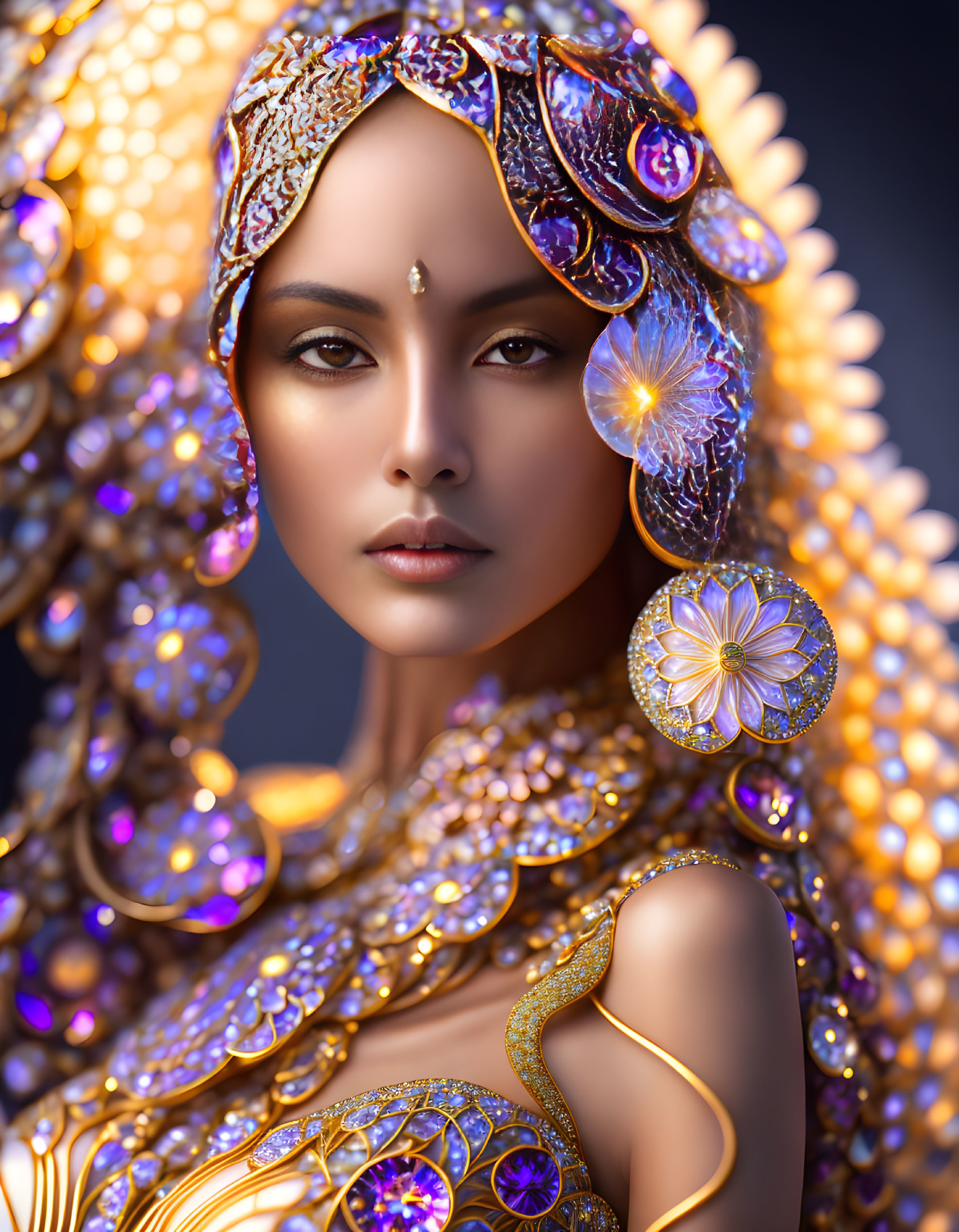 Woman adorned in golden jewelry with violet gemstones and intricate designs