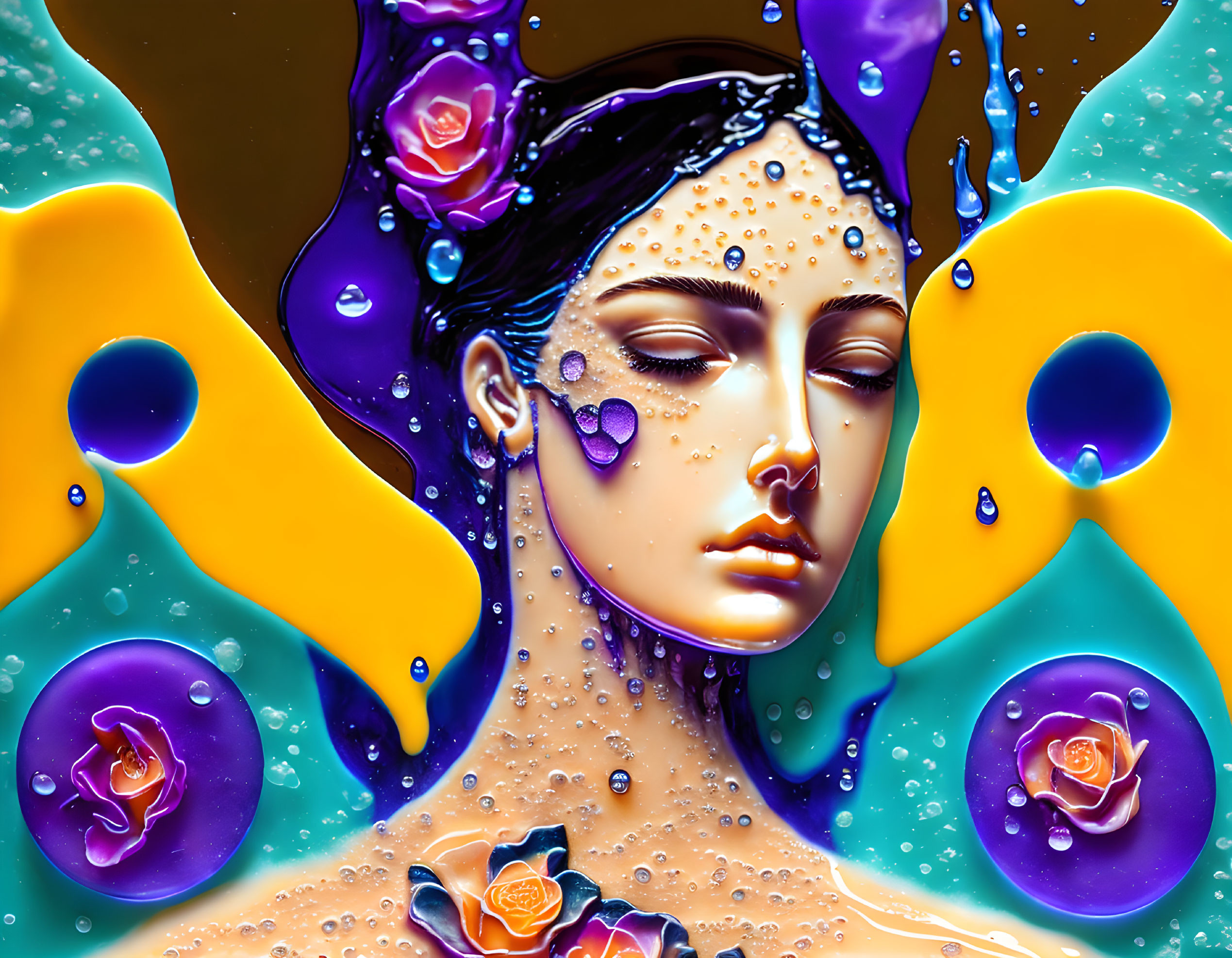 Vibrant surreal portrait with woman's face amidst flowing abstract shapes