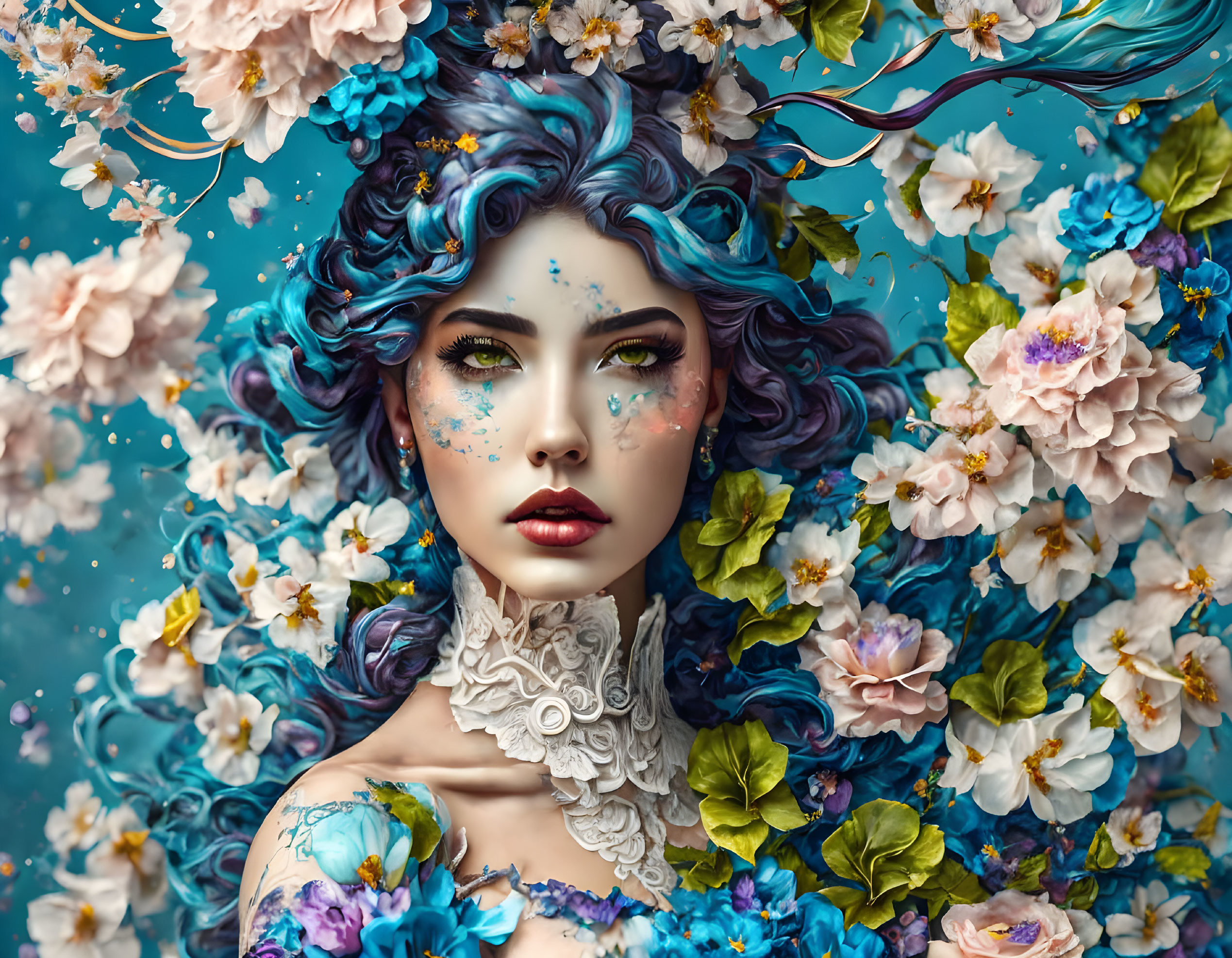 Vibrant Blue Hair Woman Surrounded by Multicolored Flowers