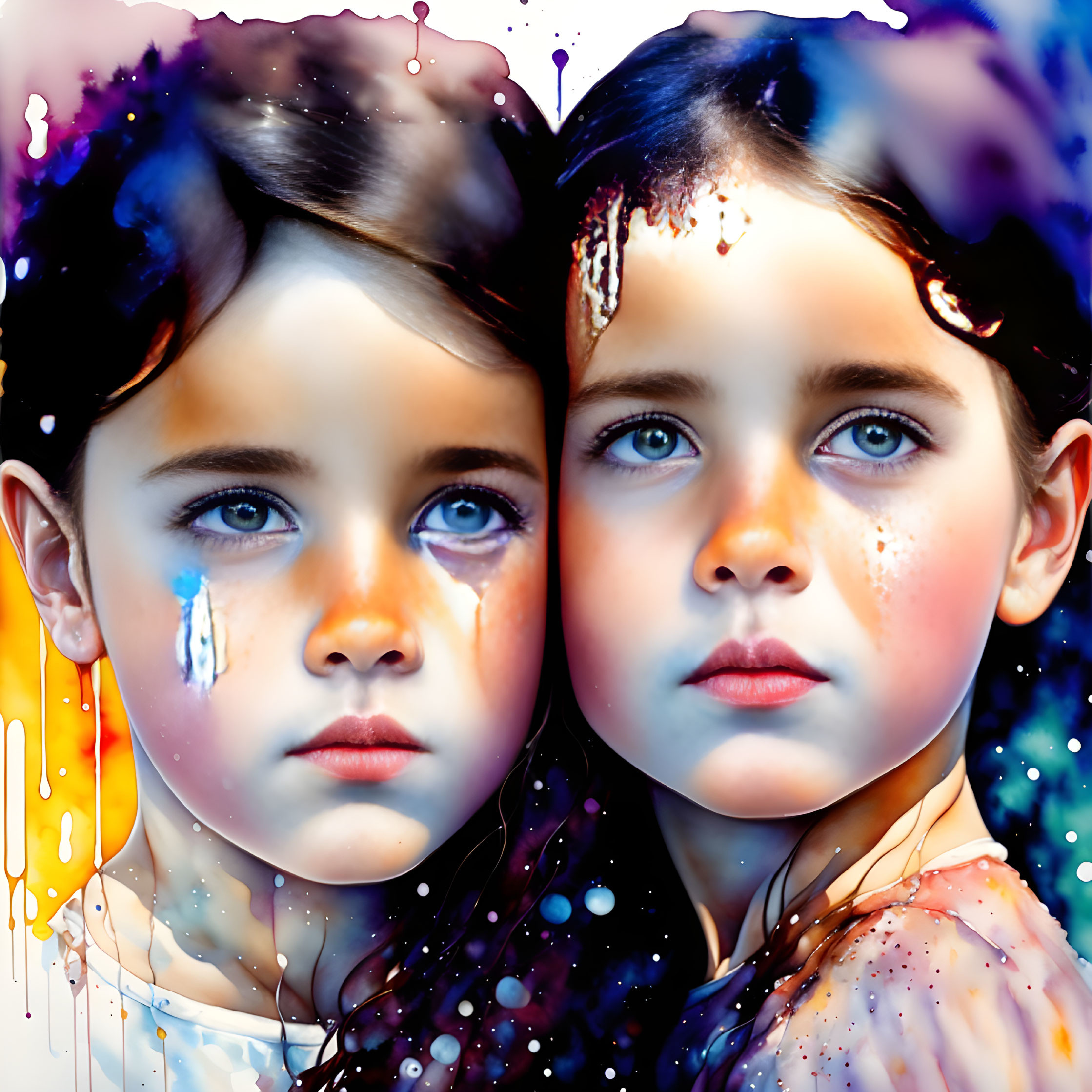 Twin girls with blue eyes and colorful paint drips in cosmic setting