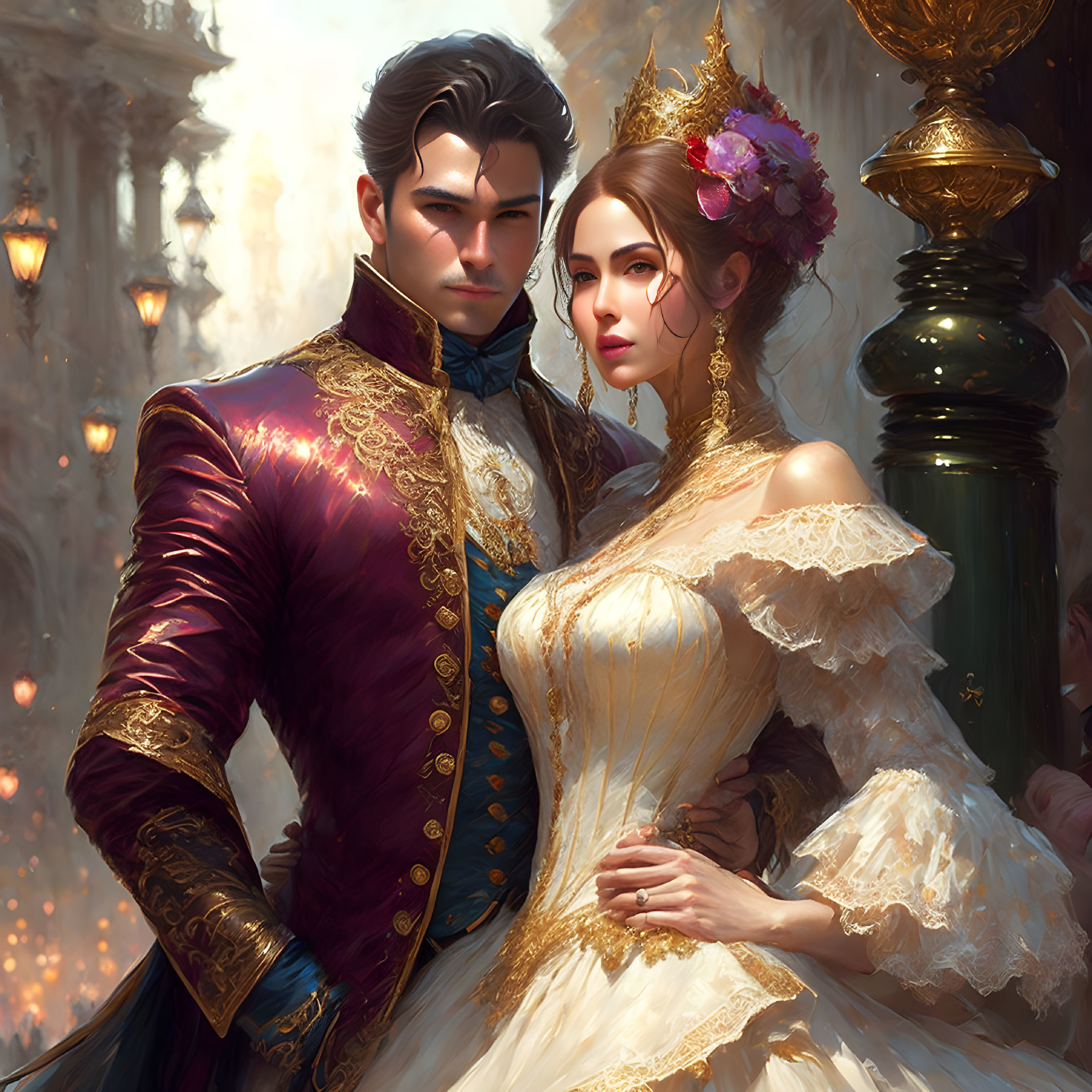 Illustrated couple in royal attire with luxurious golden backdrop