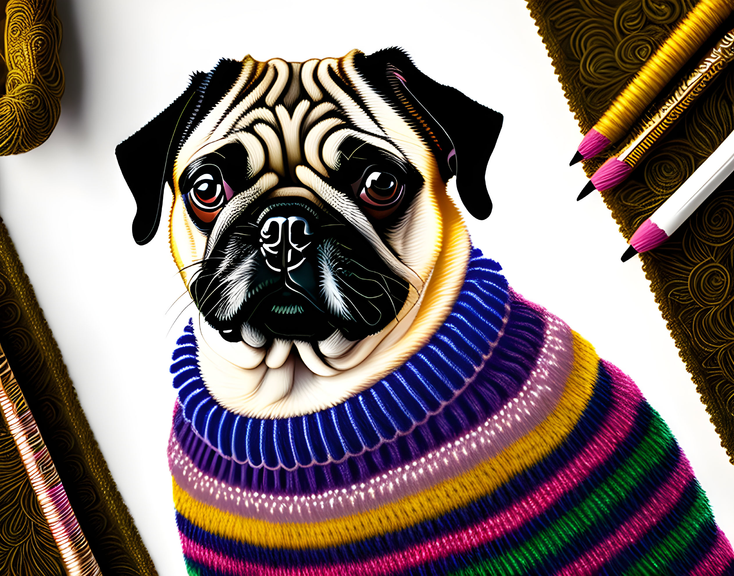 Colorful Digital Art: Pug in Striped Sweater with Patterns and Pencils