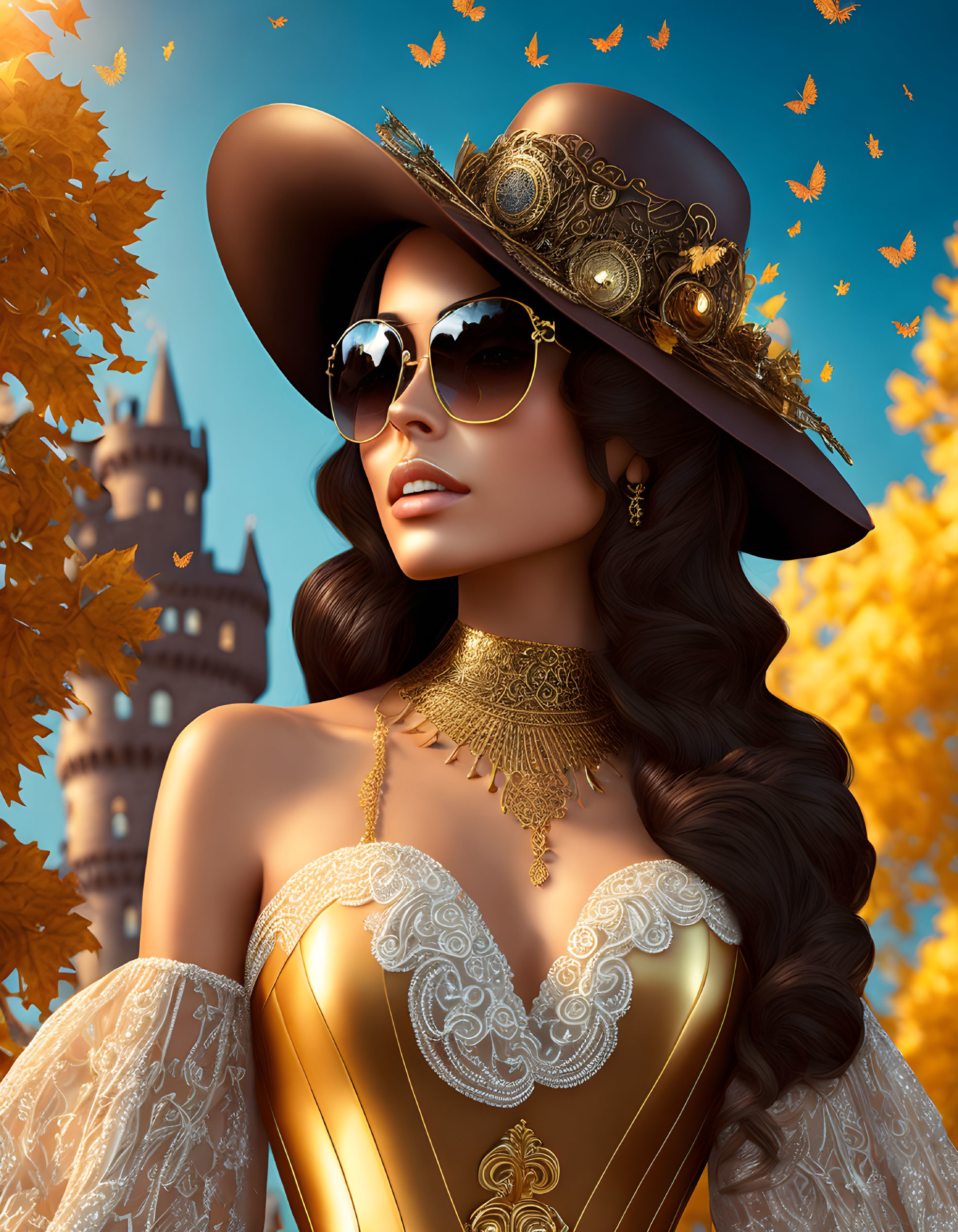 Woman with Sunglasses and Decorated Hat Surrounded by Autumn Leaves and Castle