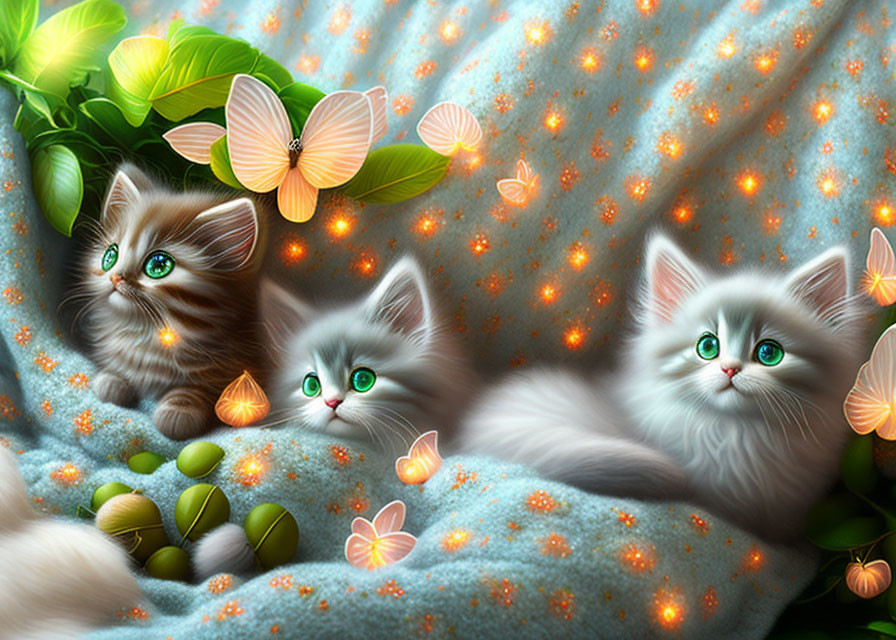 Fluffy kittens with green eyes on blue blanket with butterflies and leaves