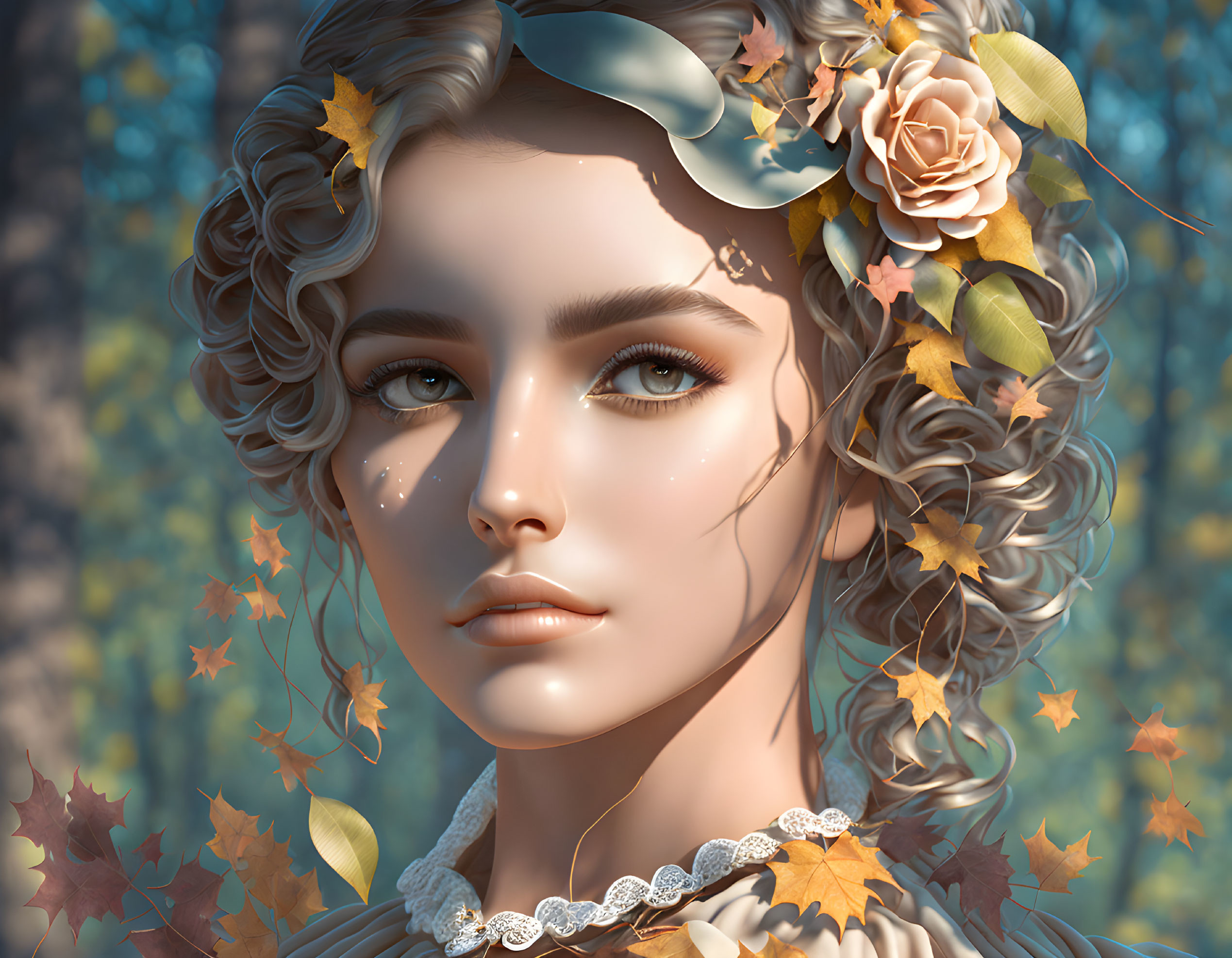 Digital Artwork: Woman with Curly Hair and Autumn Leaves