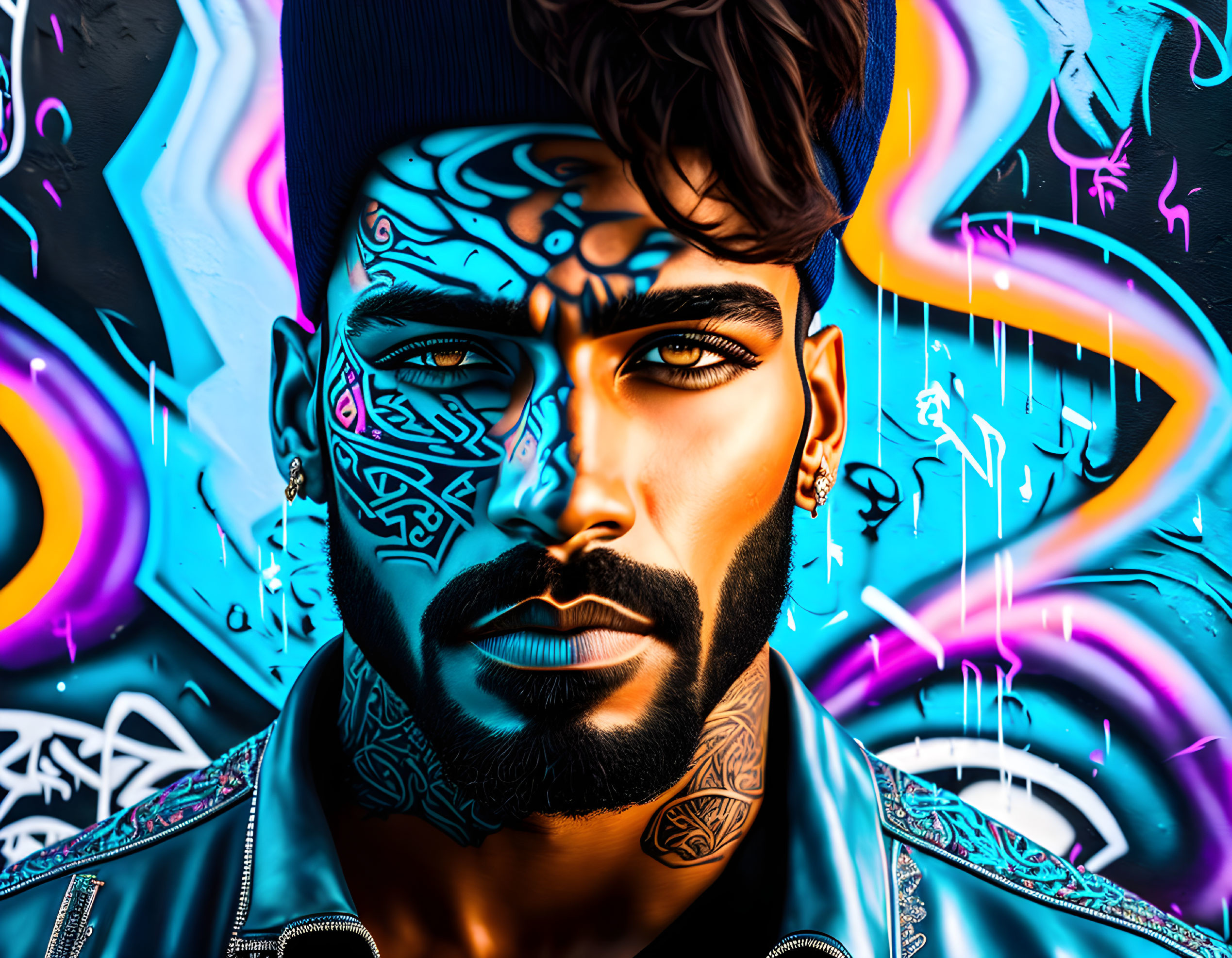 Stylized man with beard and face tattoos in graffiti background