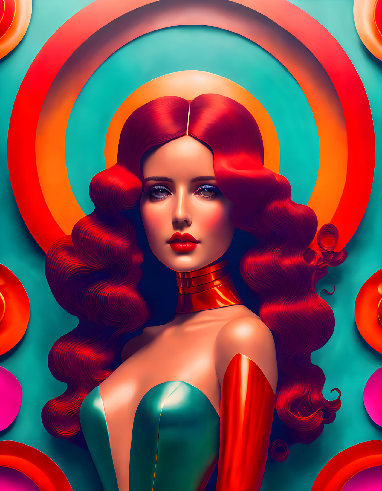 Colorful digital art: Woman with red wavy hair and metallic green outfit in retro circle backdrop