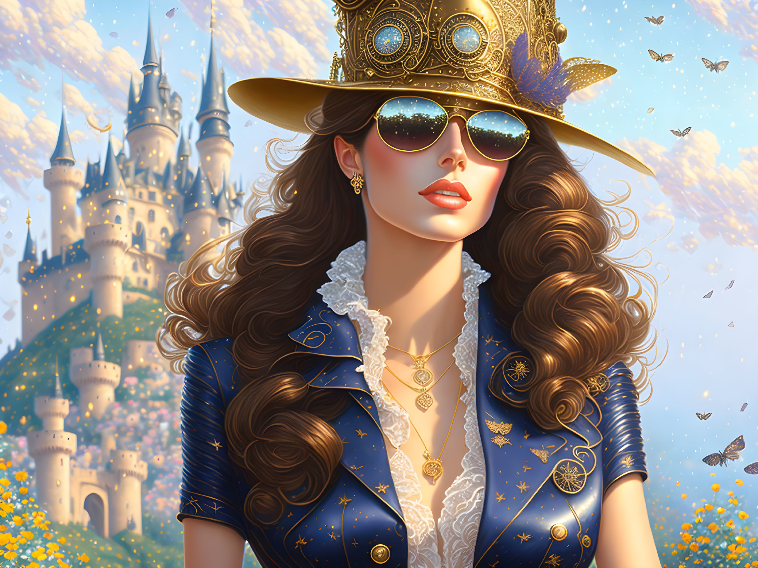 Steampunk hat woman at castle with butterflies and meadow