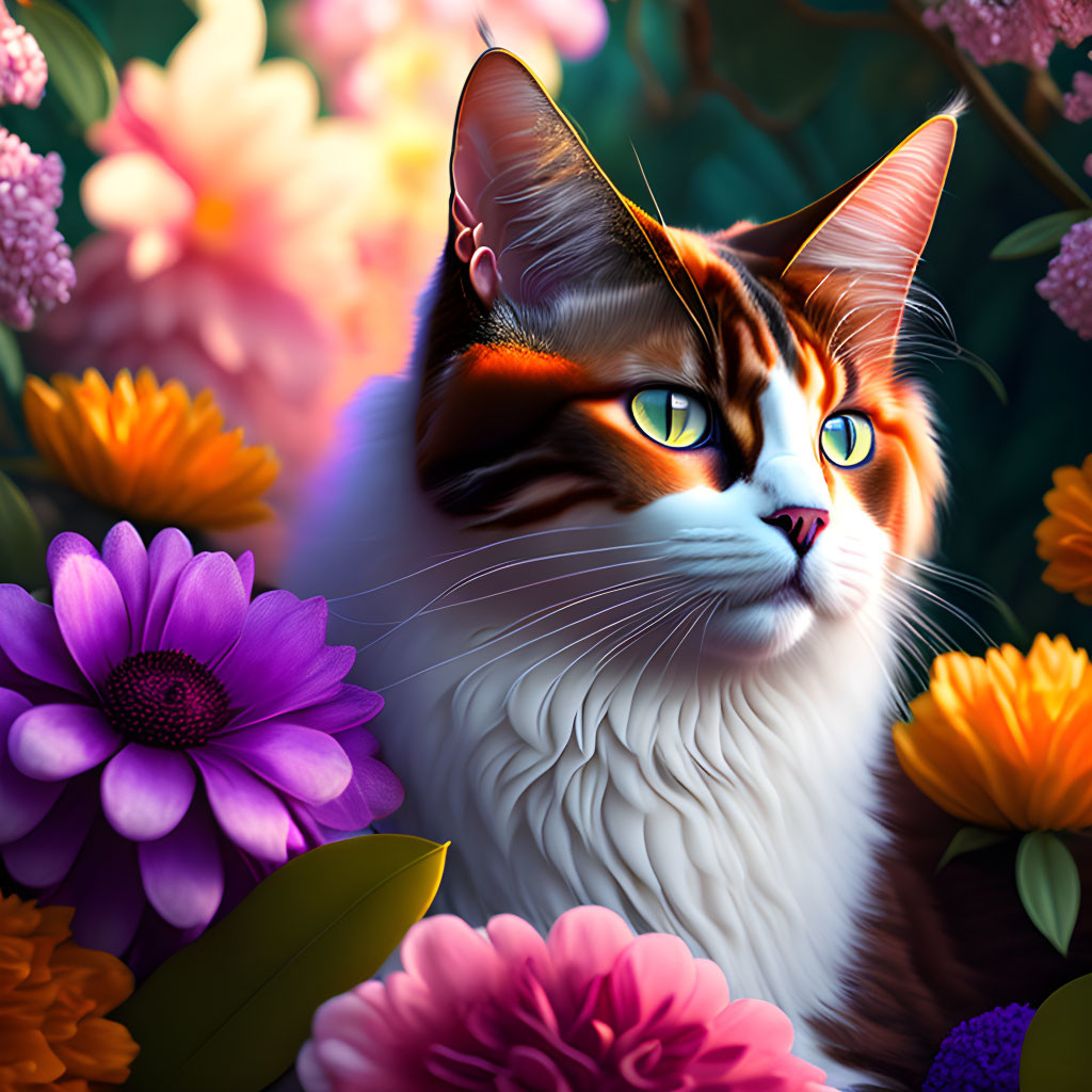 Vibrant digital artwork: Majestic cat with bright eyes amidst blooming flowers