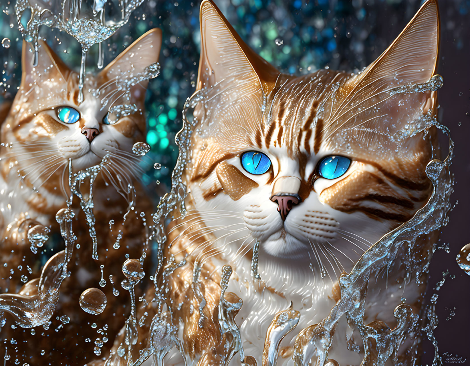 Illustrated Tabby Cats with Striking Blue Eyes in Splashing Water Droplets