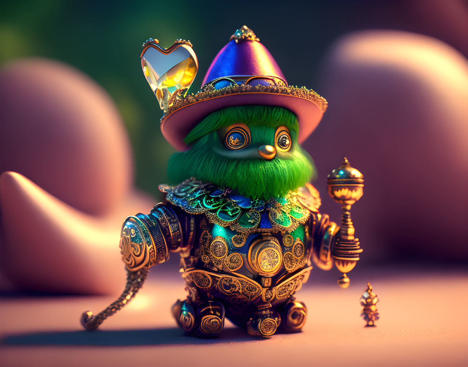 Colorful fantasy creature with green beard in jeweled armor and party hat holding lantern