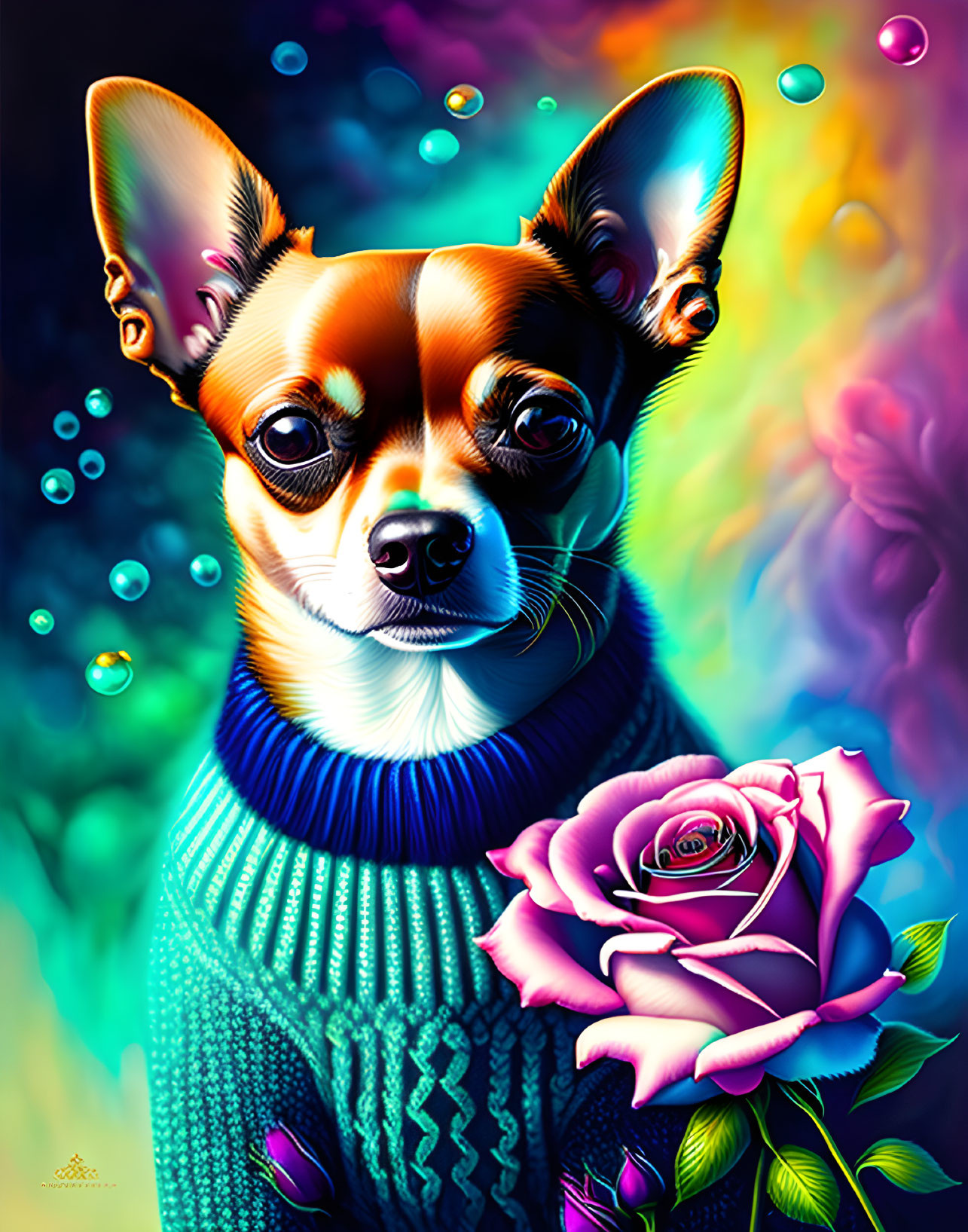 Colorful Chihuahua in Teal Sweater with Pink Rose on Neon Background