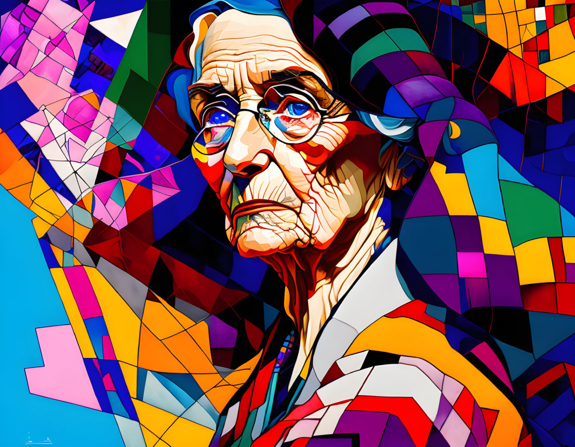 Vibrant cubic geometric elderly woman portrait with glasses.