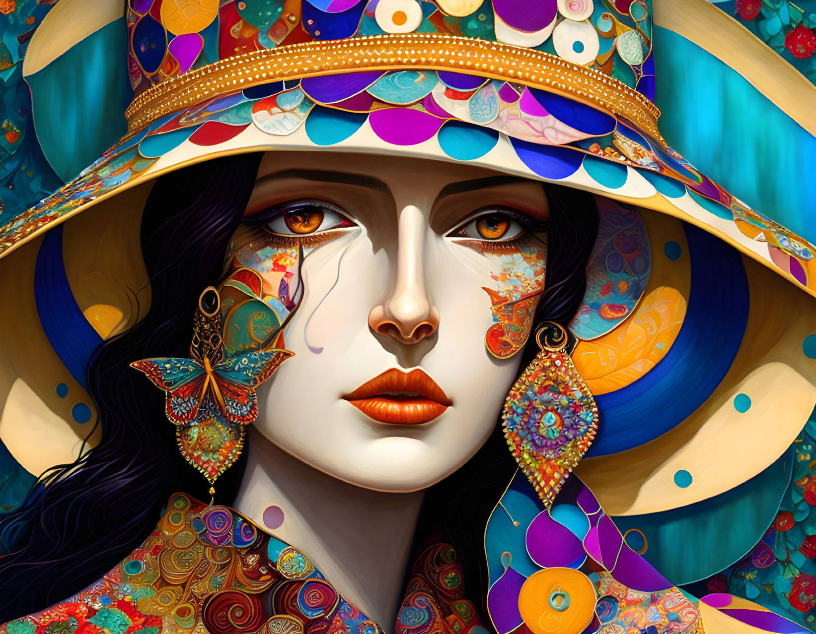 Colorful digital artwork of woman in wide-brimmed hat with butterfly patterns.