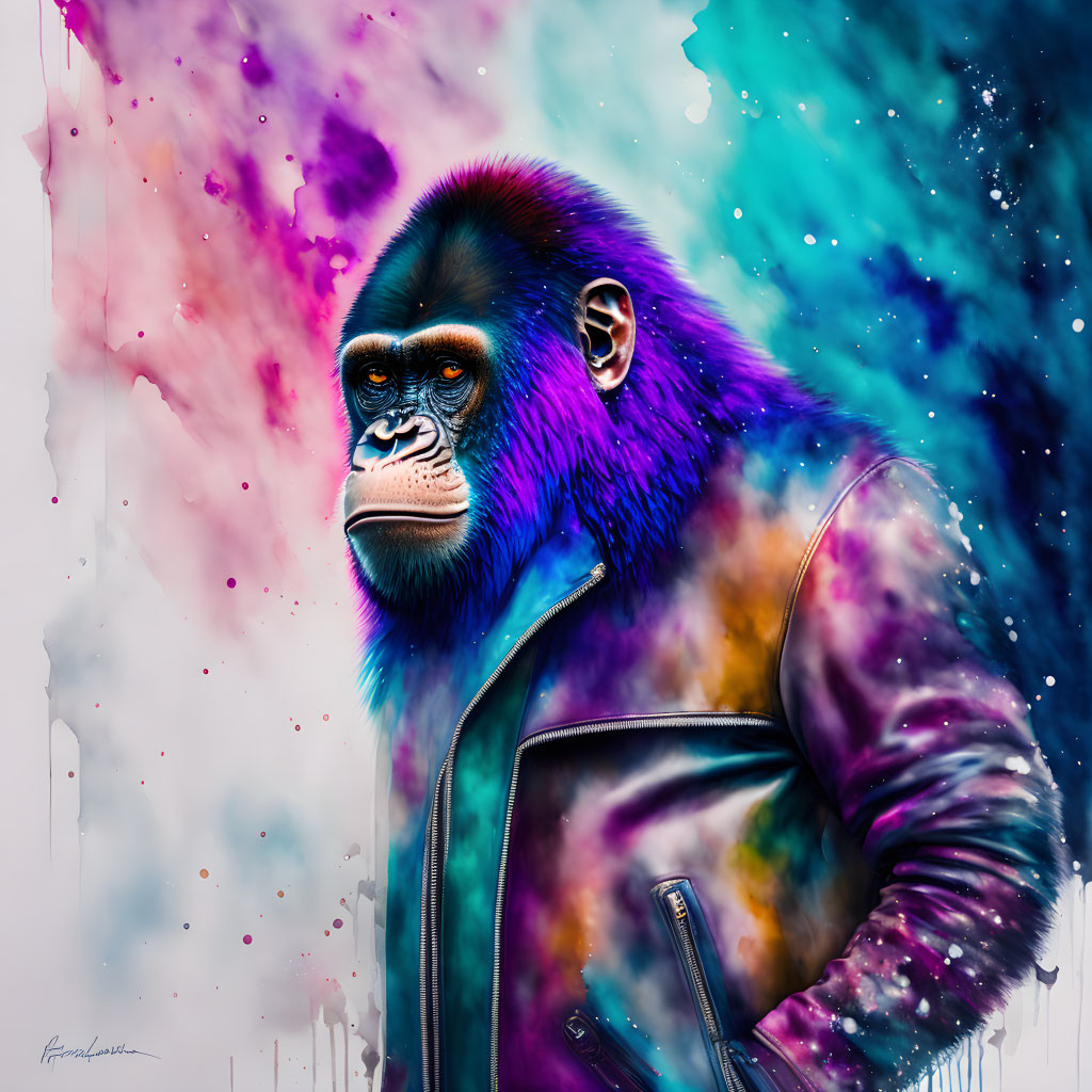 Colorful Gorilla Artwork with Purple and Blue Fur and Leather Jacket