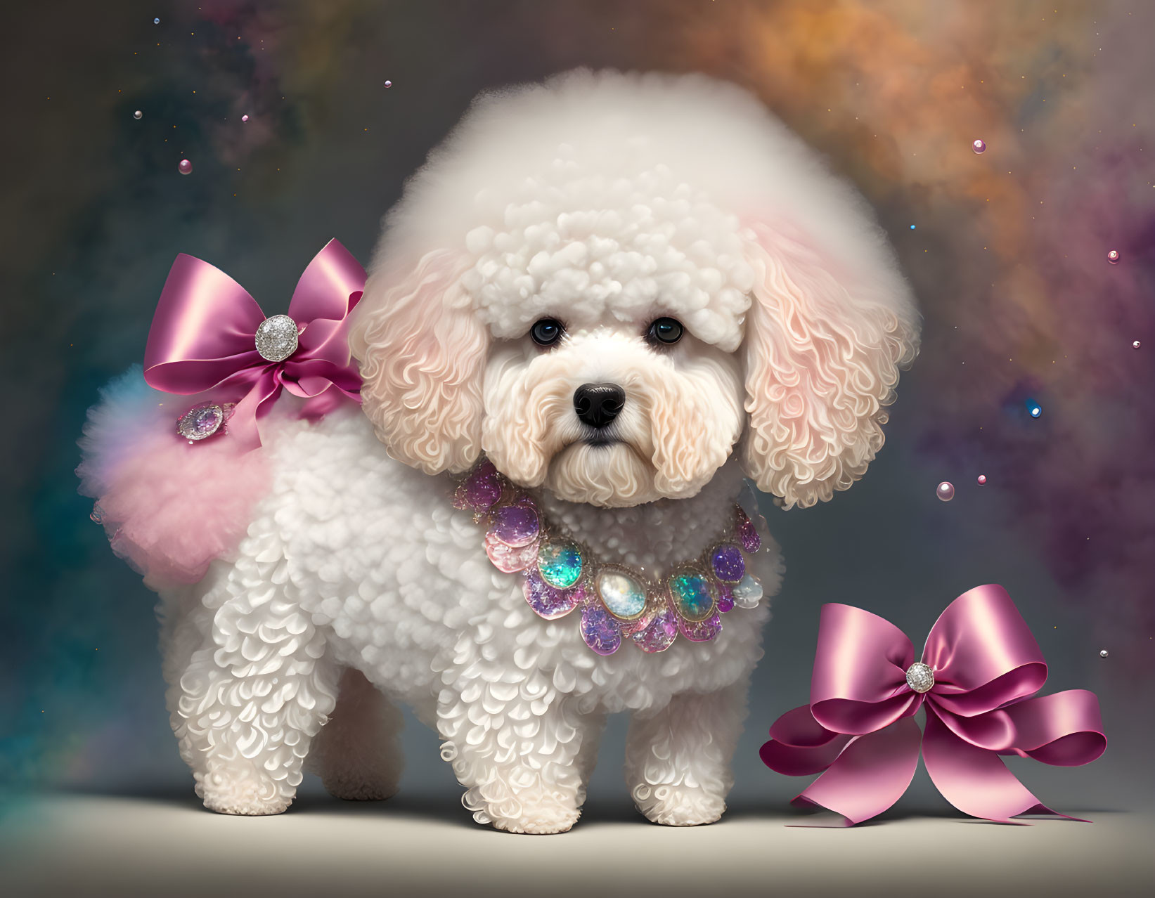 Fluffy White Dog with Pink Bow and Gemstone Collar on Colorful Background