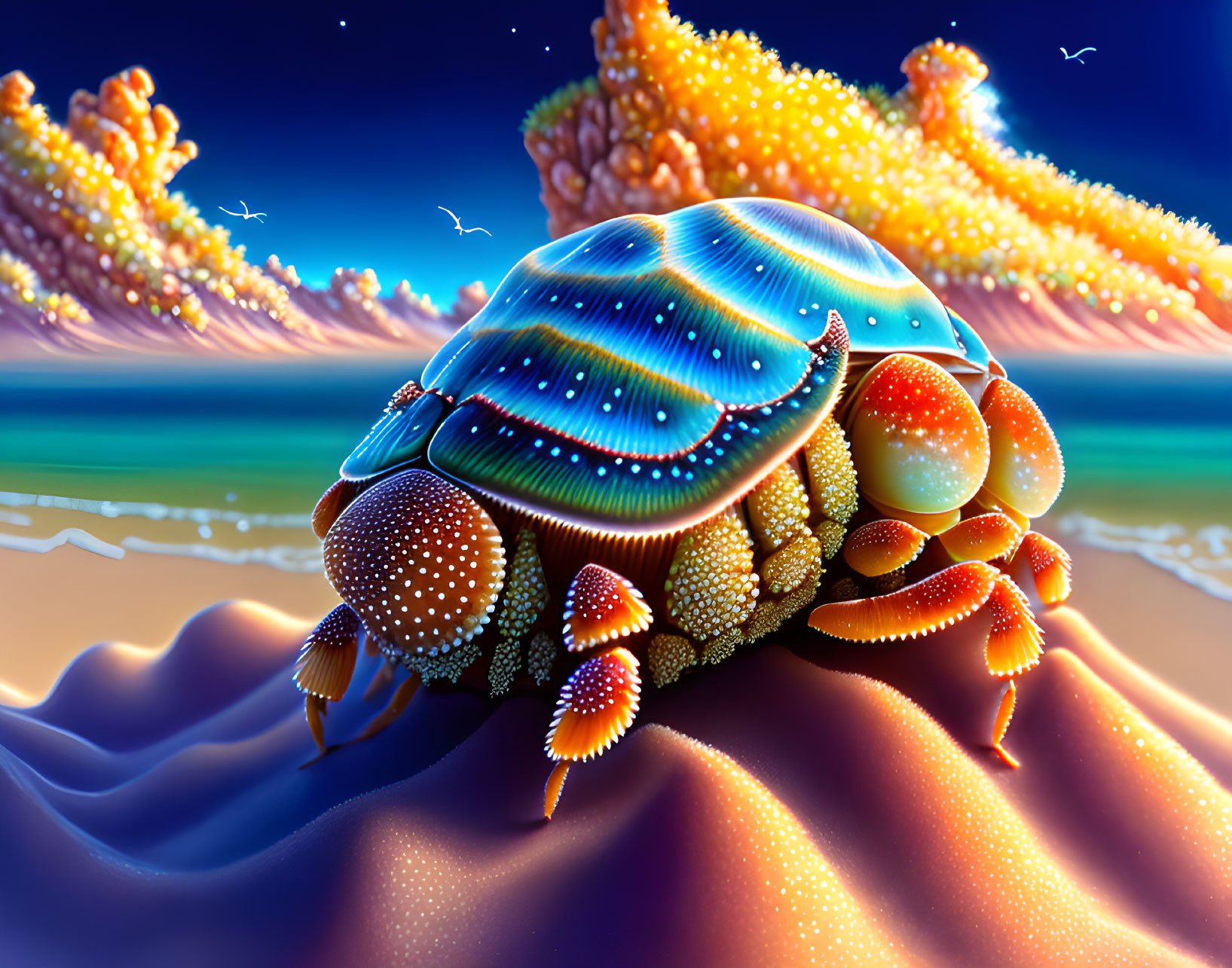 Colorful fantastical beetle artwork against sparkling shoreline.