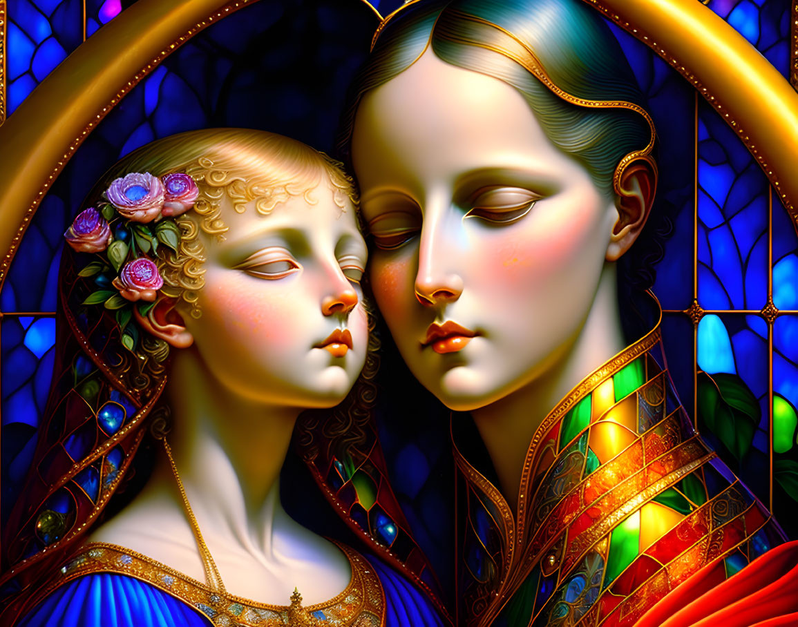 Colorful Illustration of Ethereal Female Figures in Intricate Clothing and Floral Details against Stained Glass