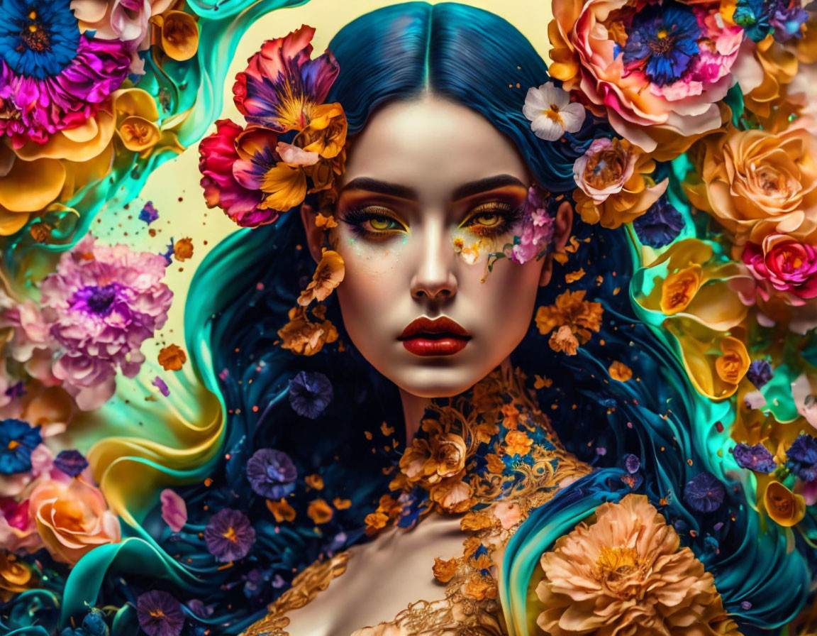 Vibrant portrait of a woman with blue hair and floral patterns