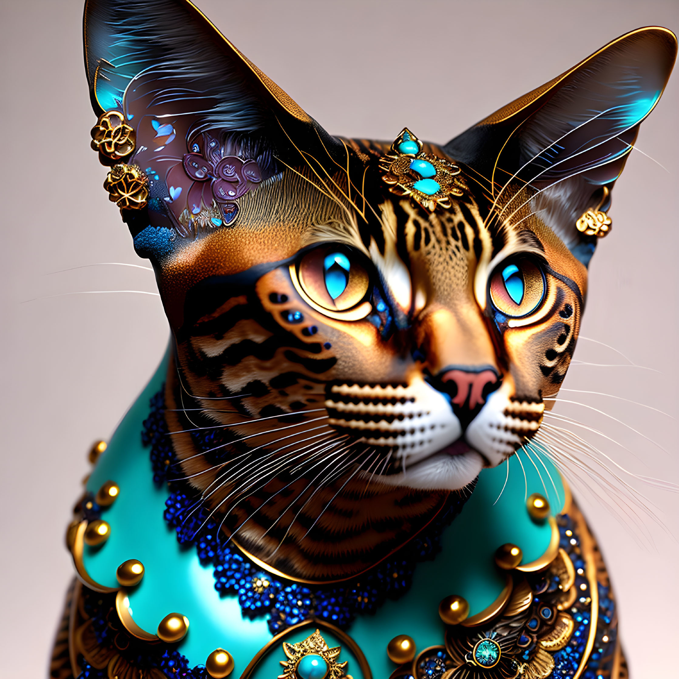 Regal cat digital artwork with gold and turquoise jewelry