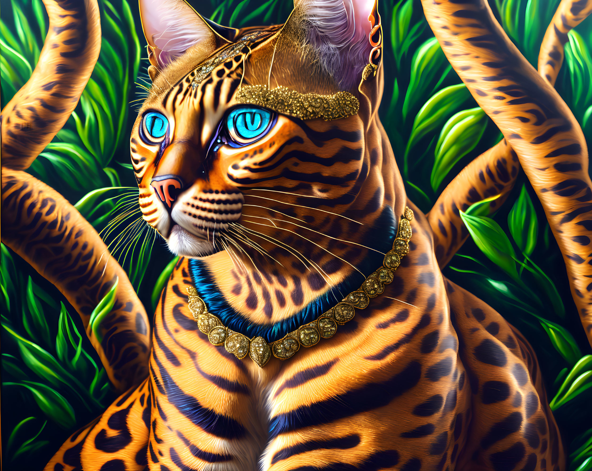 Adorned Bengal Cat with Blue Eyes in Lush Green Foliage