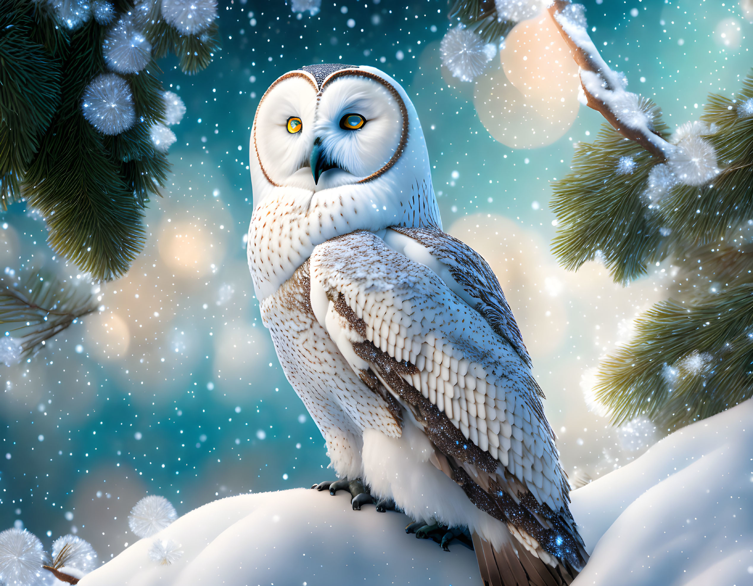 Snowy Owl on Snow-Covered Branch with Snowflakes and Fir Trees