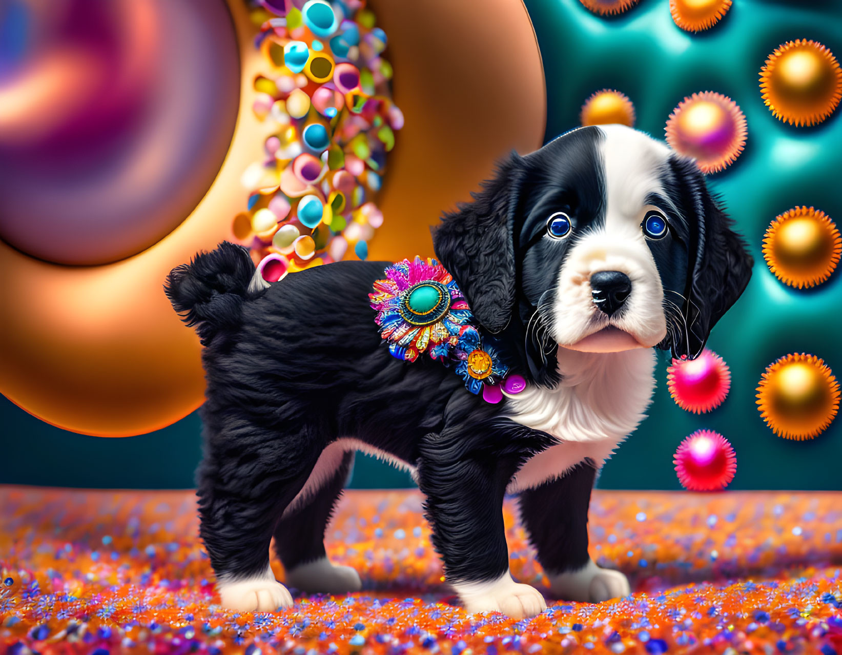 Black and white puppy with jeweled accessory on vibrant, bead-covered surface