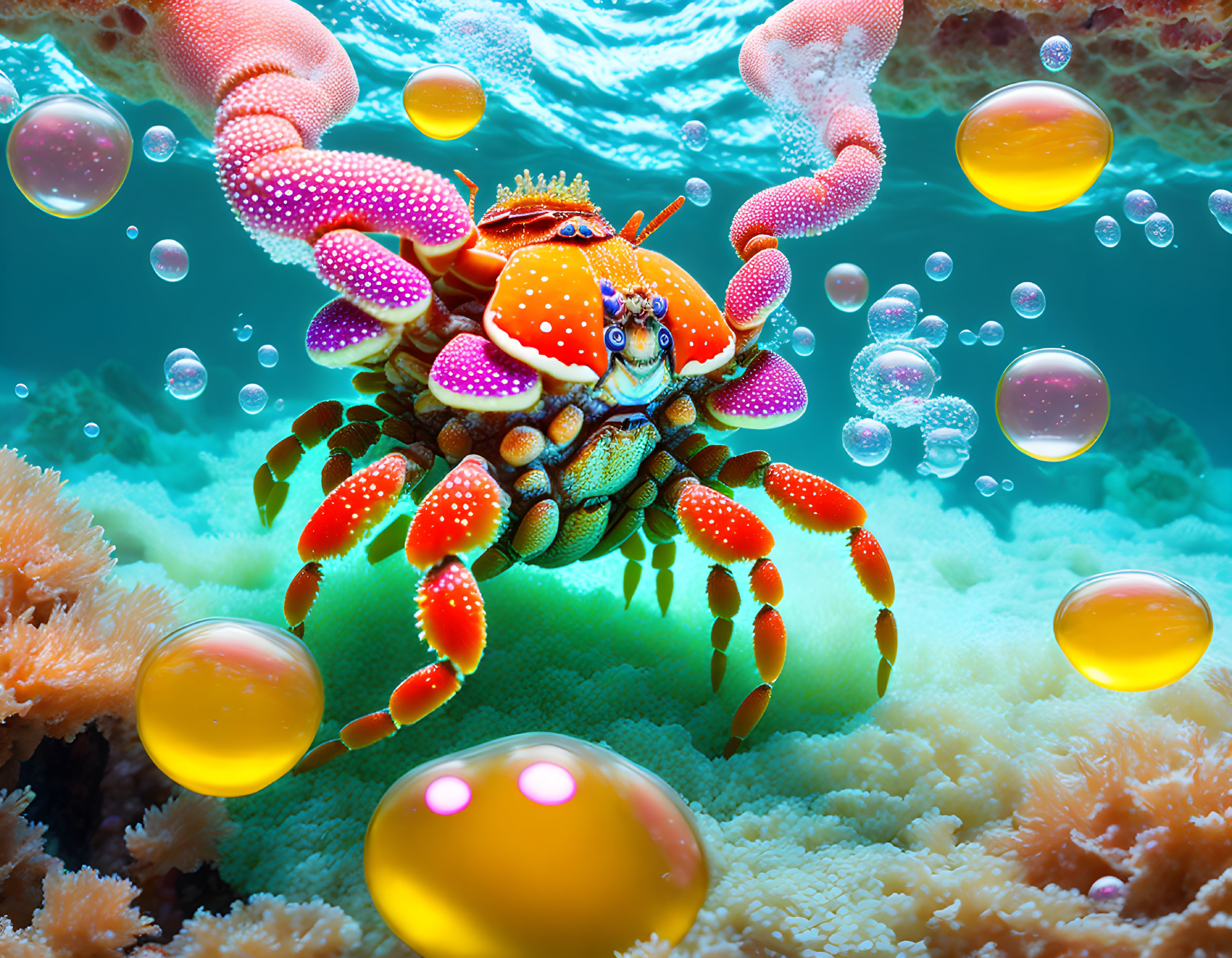 Vibrant crab on coral with human hands underwater and marine life.