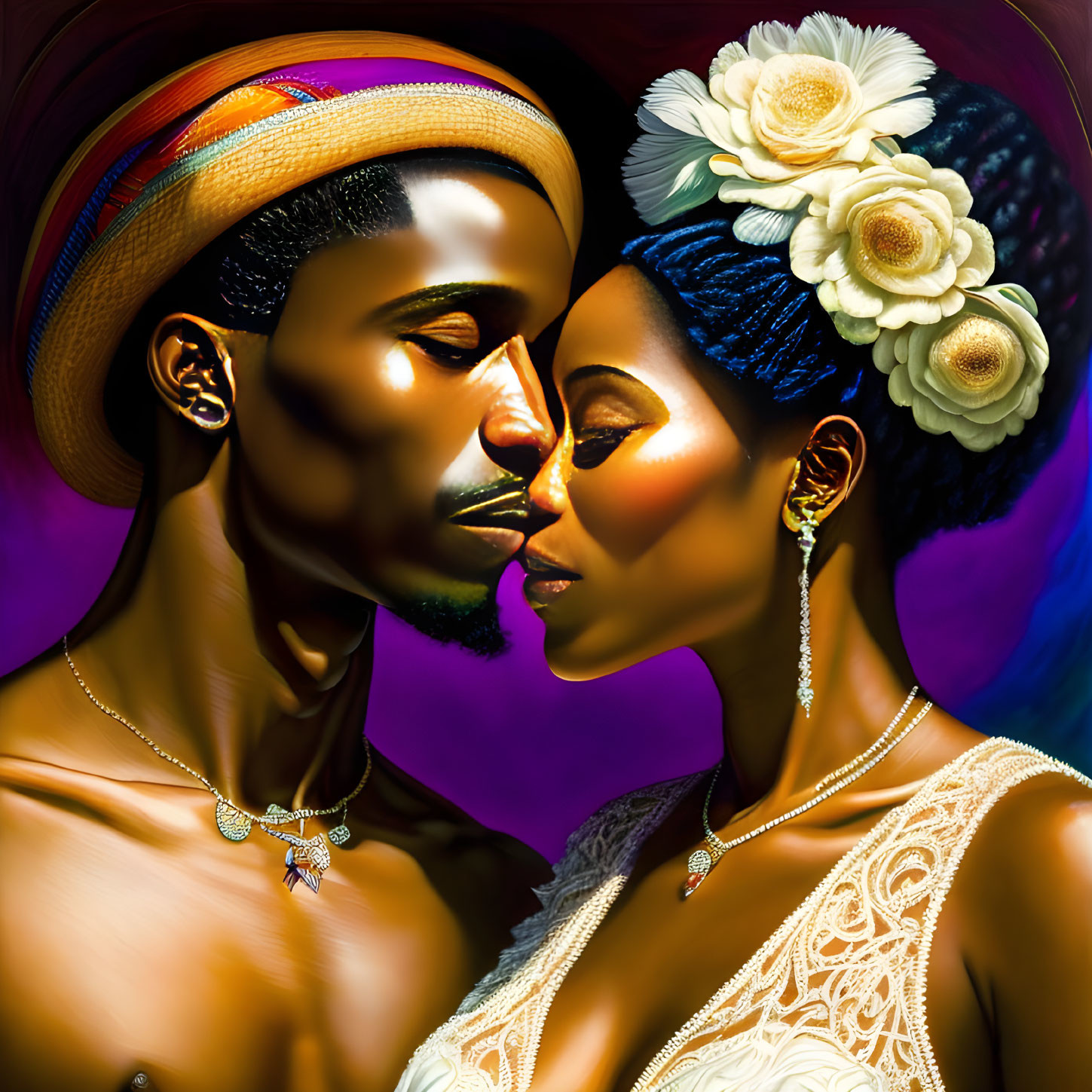 Romantic Couple Digital Painting with Stylized Features and Golden Jewelry