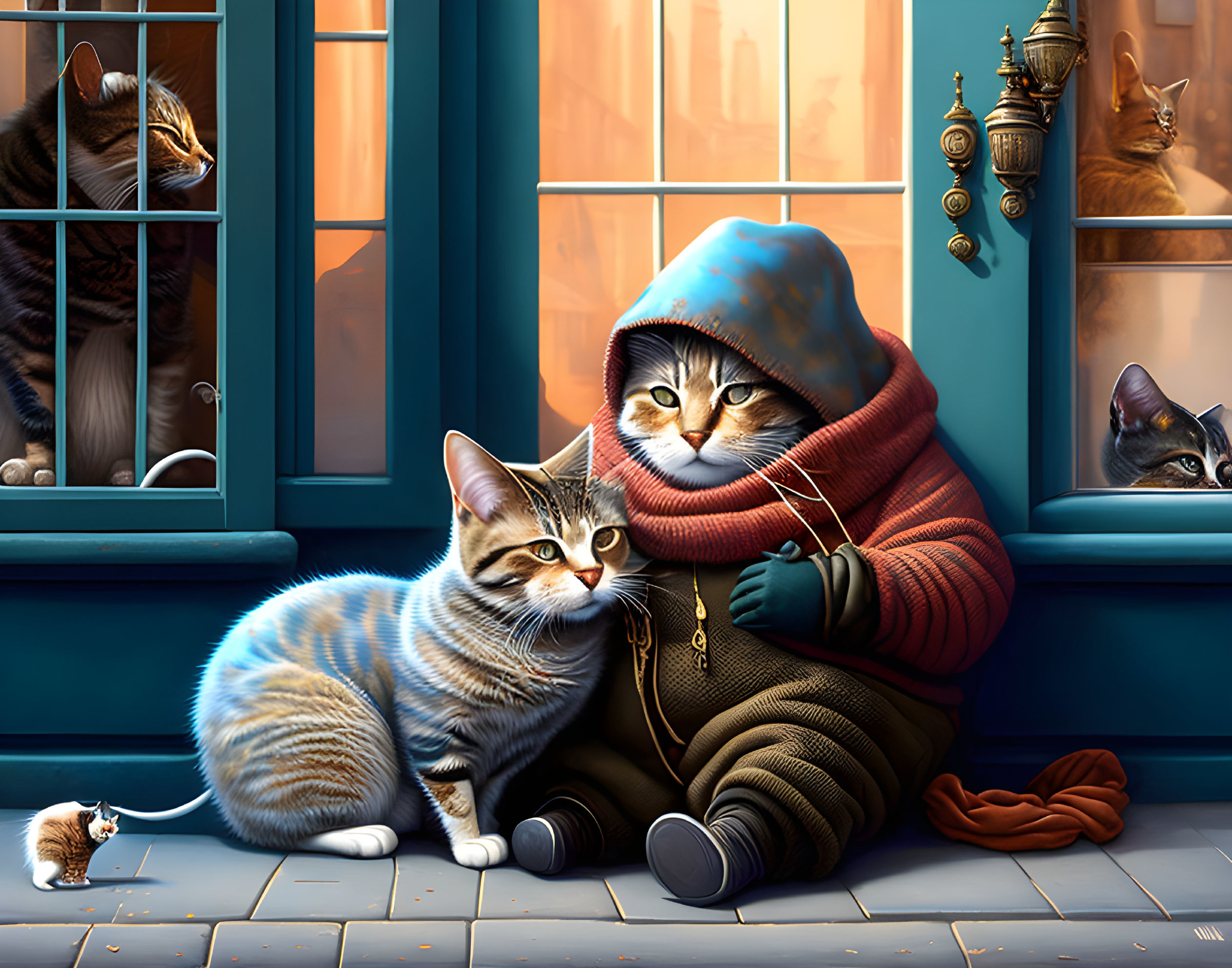 Personified cat in hoodie and scarf with kitten by window, surrounded by more cats.