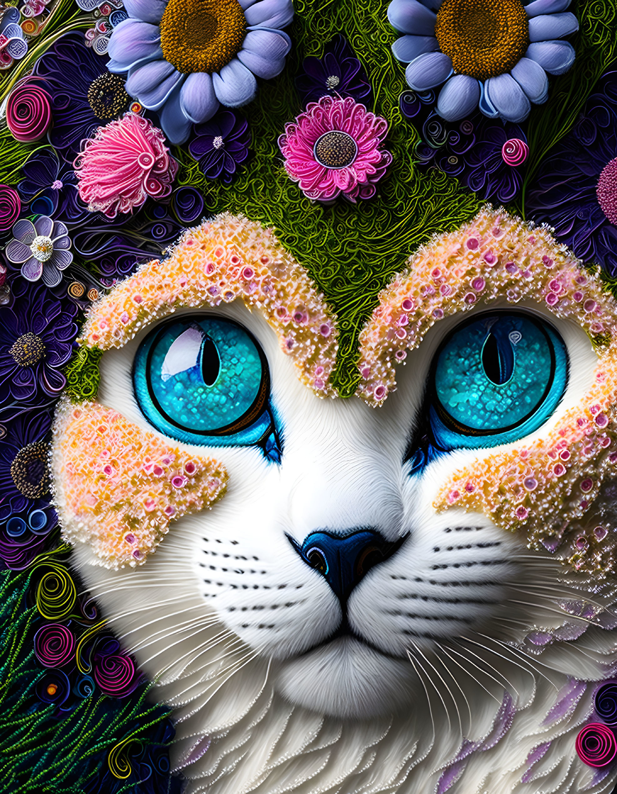 Colorful Digital Art: Cat's Face with Blue Eyes & Floral Patterns