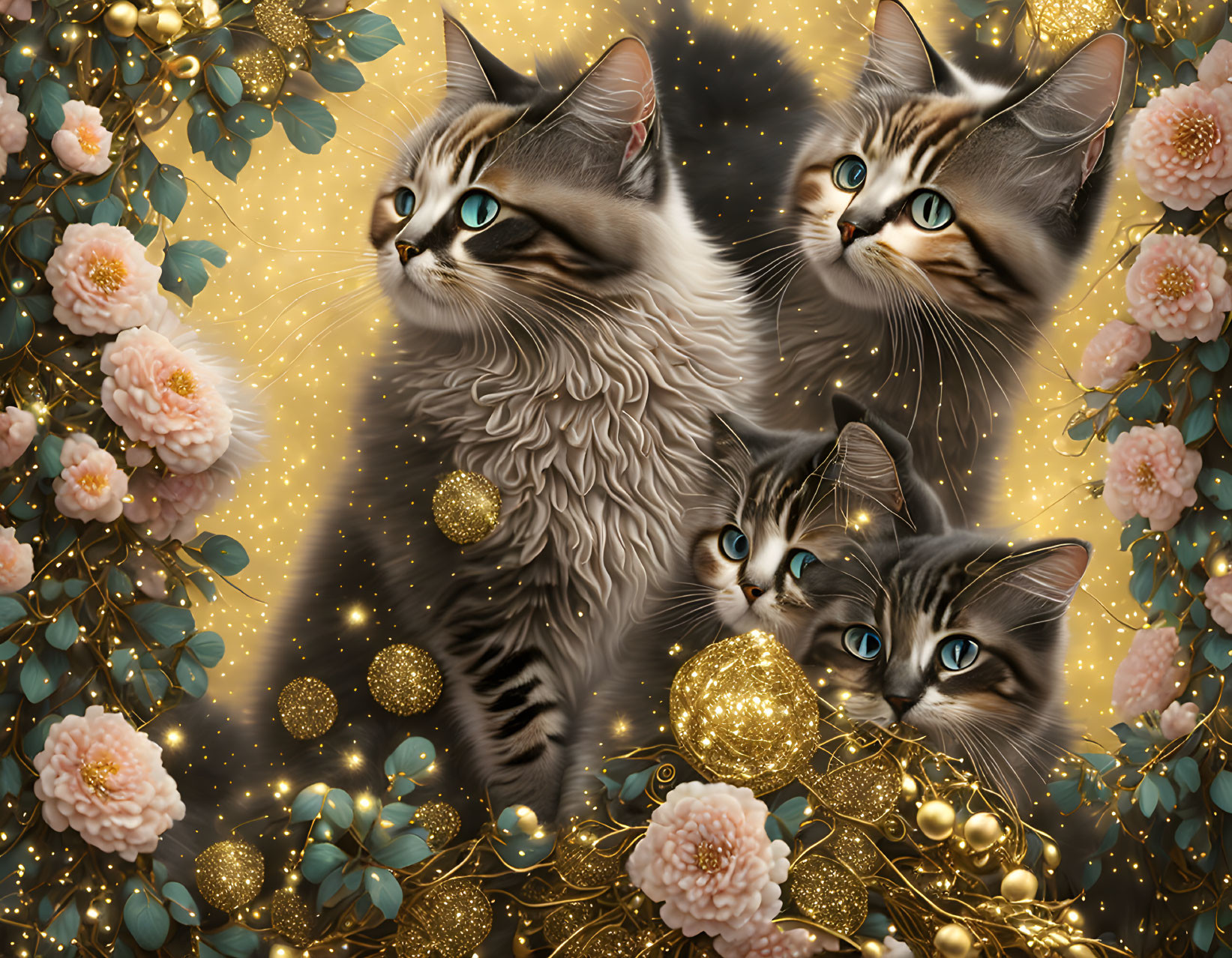 Four Fluffy Cats with Blue Eyes in Floral and Starry Digital Art